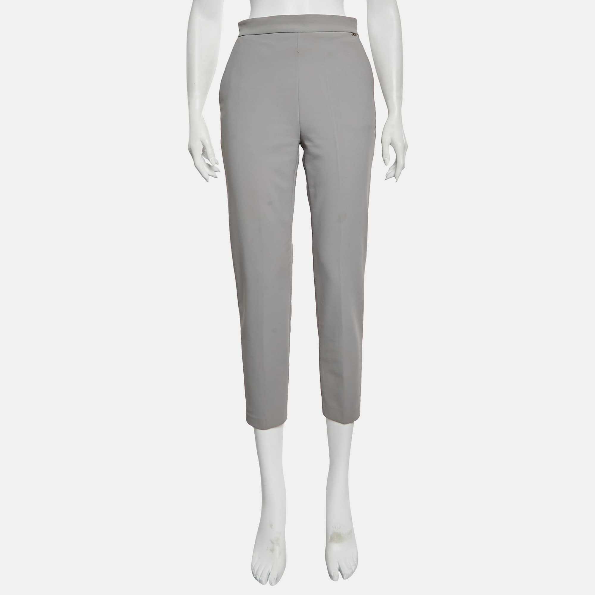 Elisabetta Franchi Grey Crepe Straight Fit Trousers