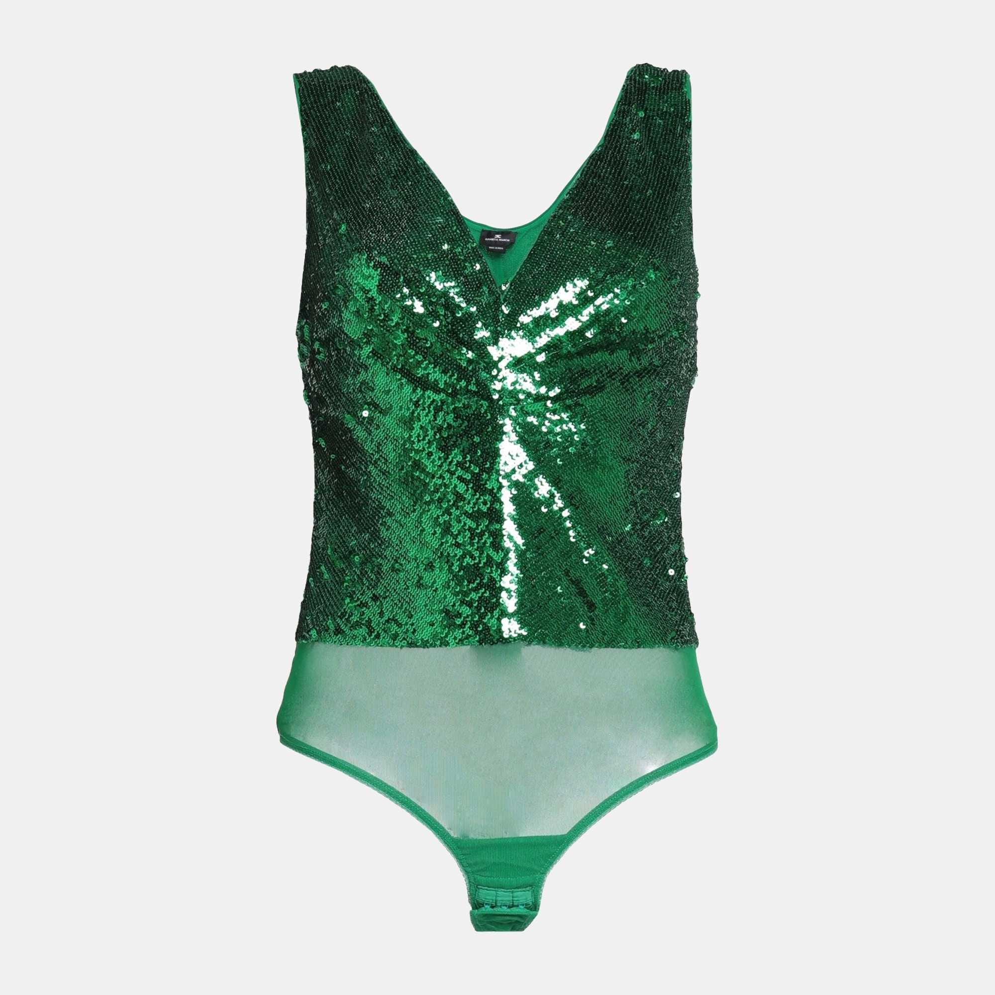 Elisabetta Franchi Green Sequin Tulle Sleeveless Bodysuit