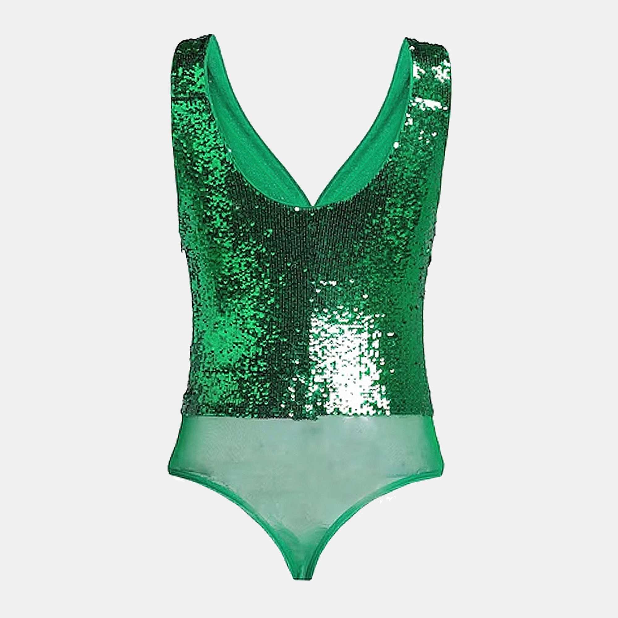 Elisabetta Franchi Green Sequin Tulle Sleeveless Bodysuit