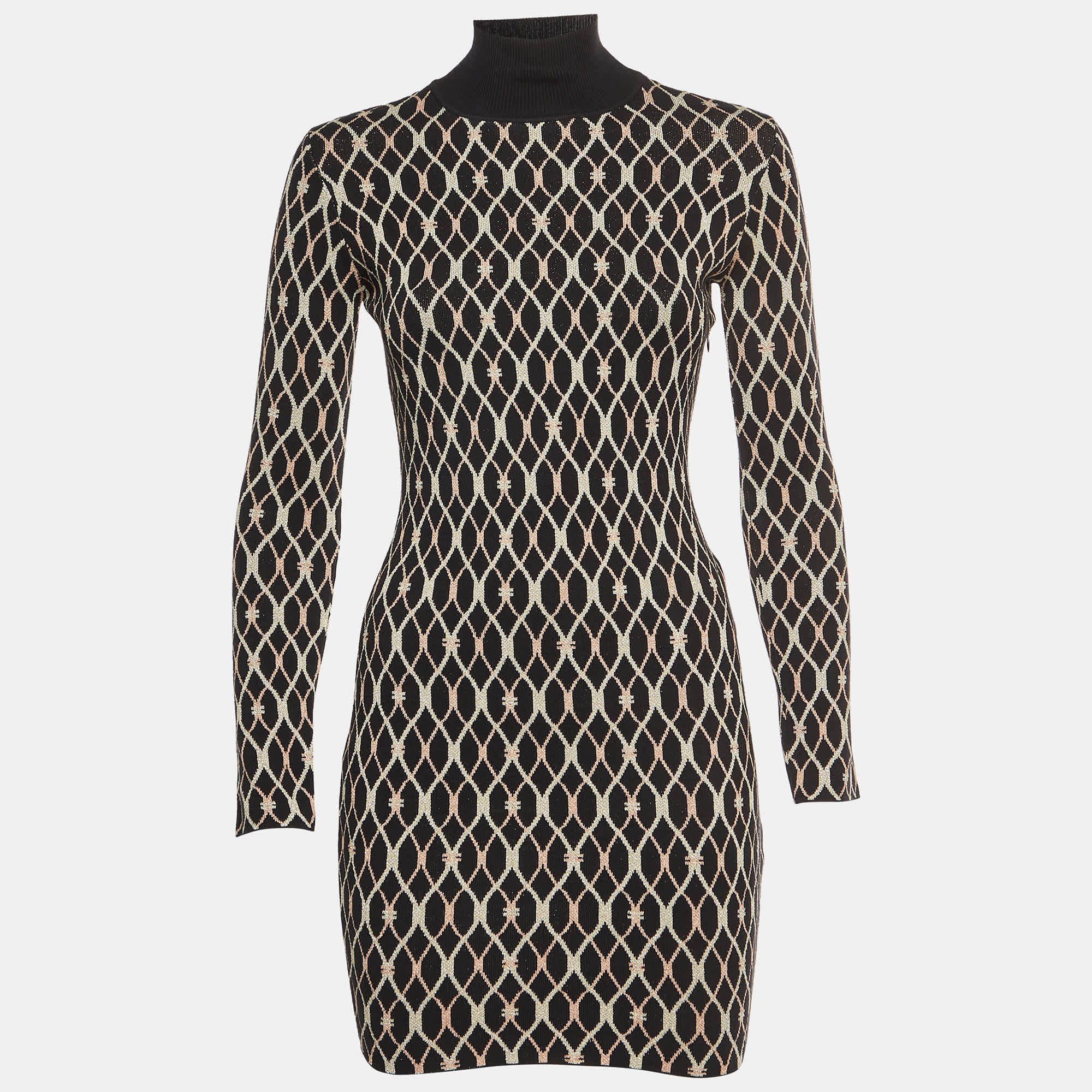 Elisabetta Franchi Black Geometric Pattern Jacquard Knit Mock Neck Mini Dress