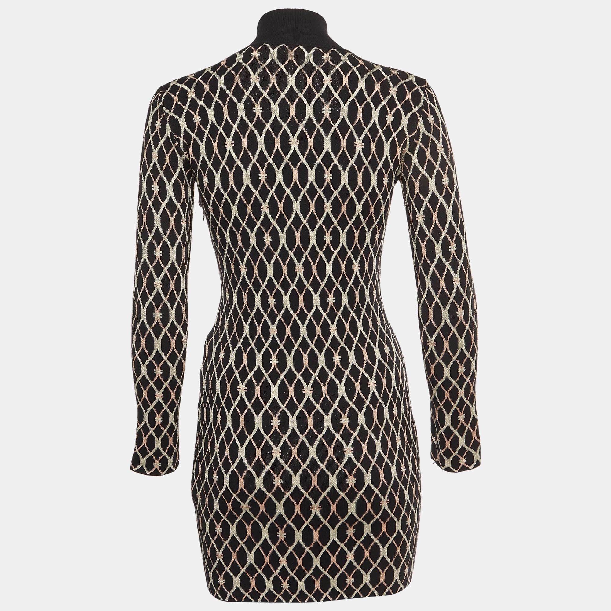 Elisabetta Franchi Black Geometric Pattern Jacquard Knit Mock Neck Mini Dress