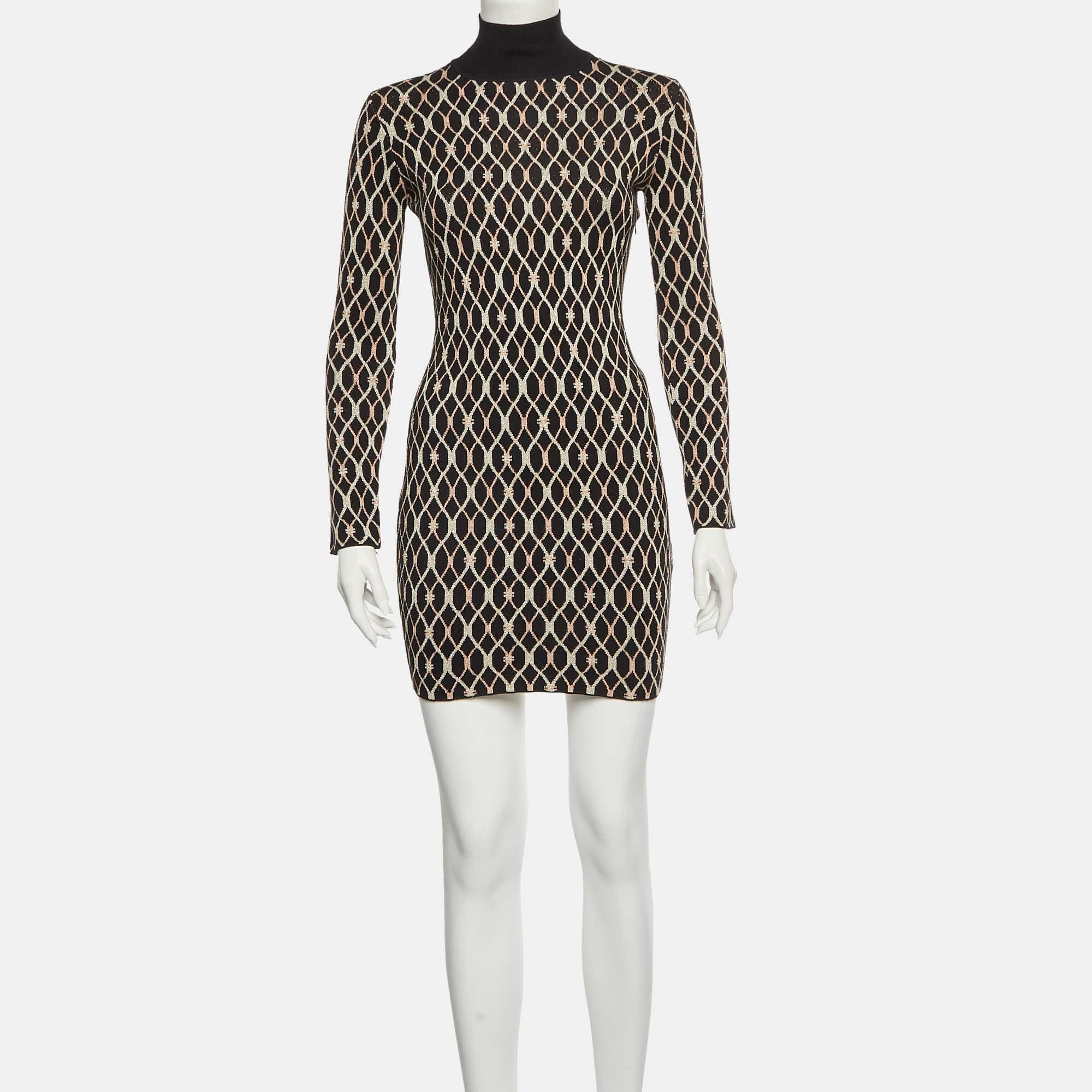 Elisabetta Franchi Black Geometric Pattern Jacquard Knit Mock Neck Mini Dress