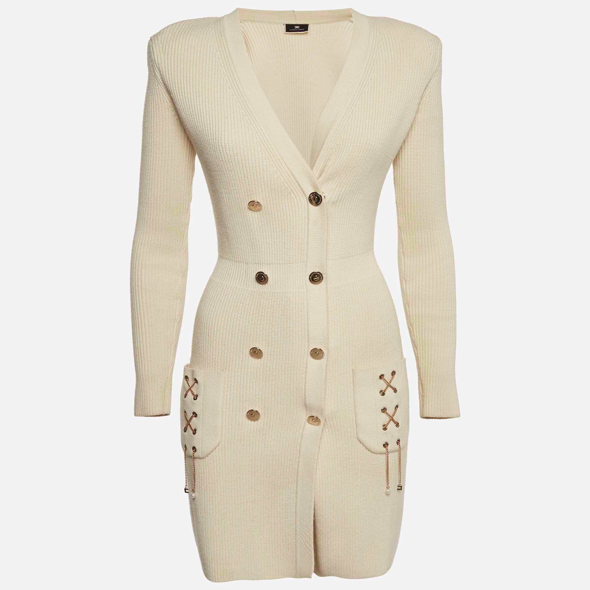 Elisabetta Franchi Beige Rib Knit Chain Detail Double Breasted Mini Dress