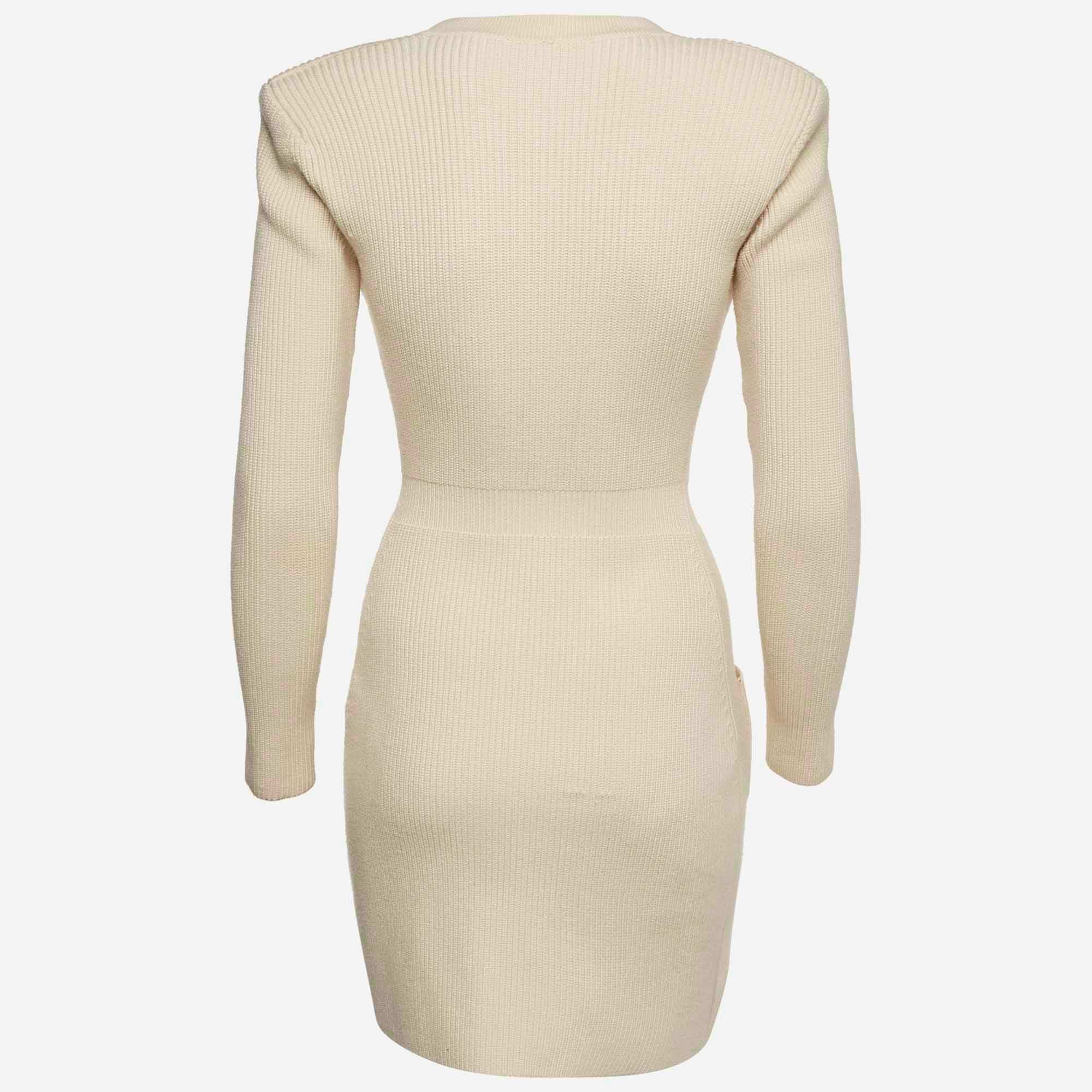 Elisabetta Franchi Beige Rib Knit Chain Detail Double Breasted Mini Dress