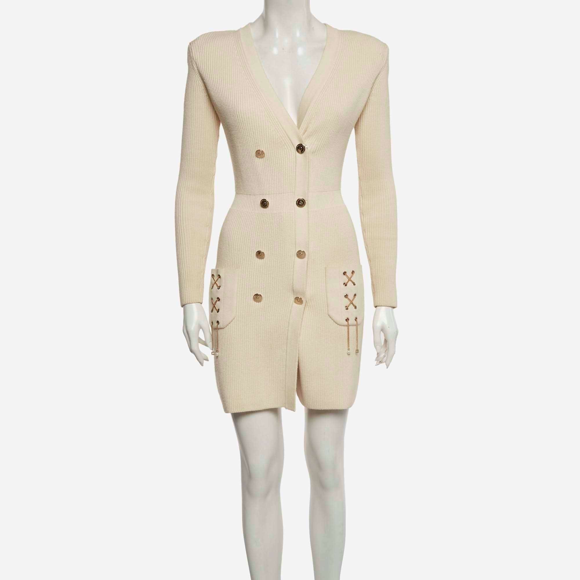 Elisabetta Franchi Beige Rib Knit Chain Detail Double Breasted Mini Dress