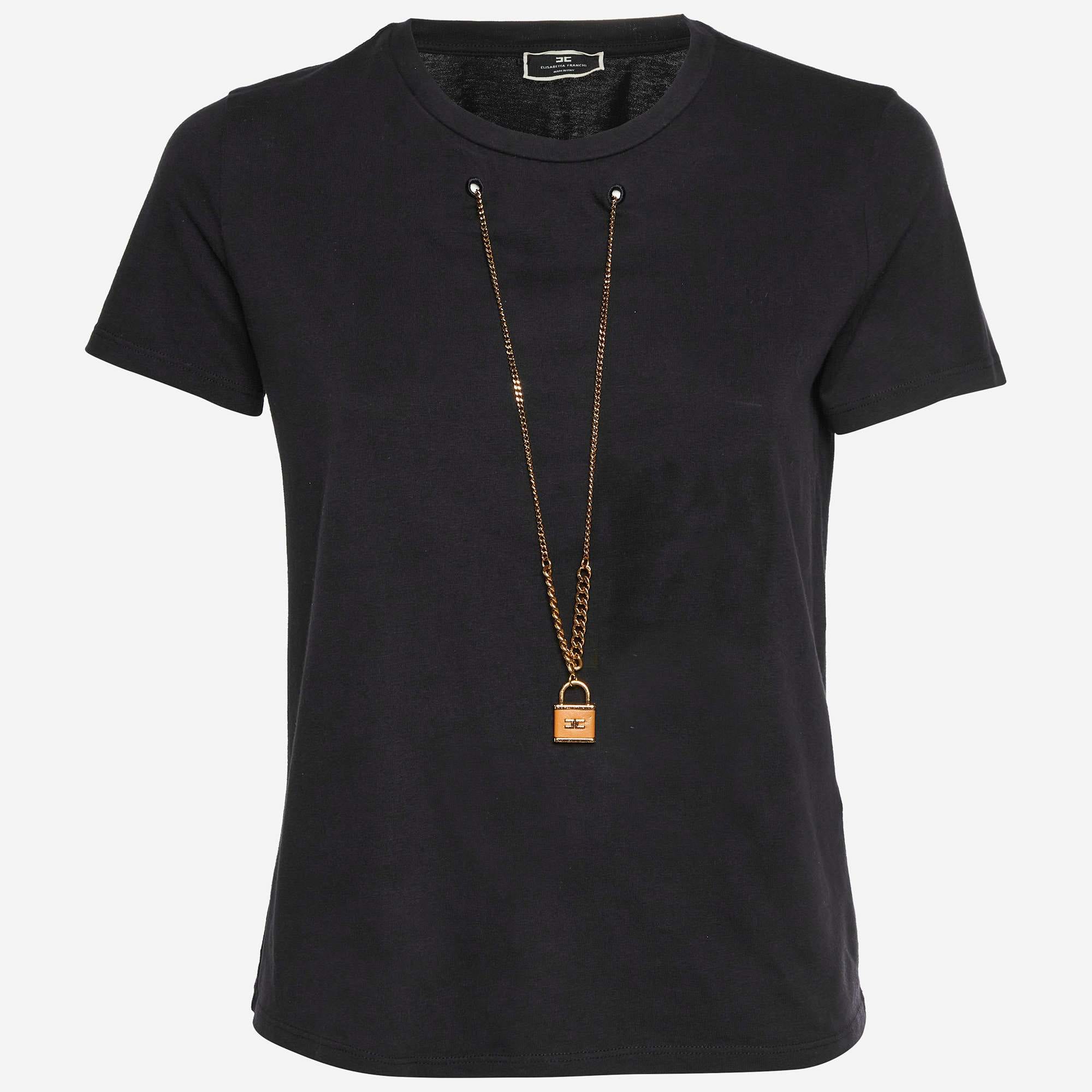 Elisabetta Franchi Black Cotton Knit Chain Detail T - Shirt
