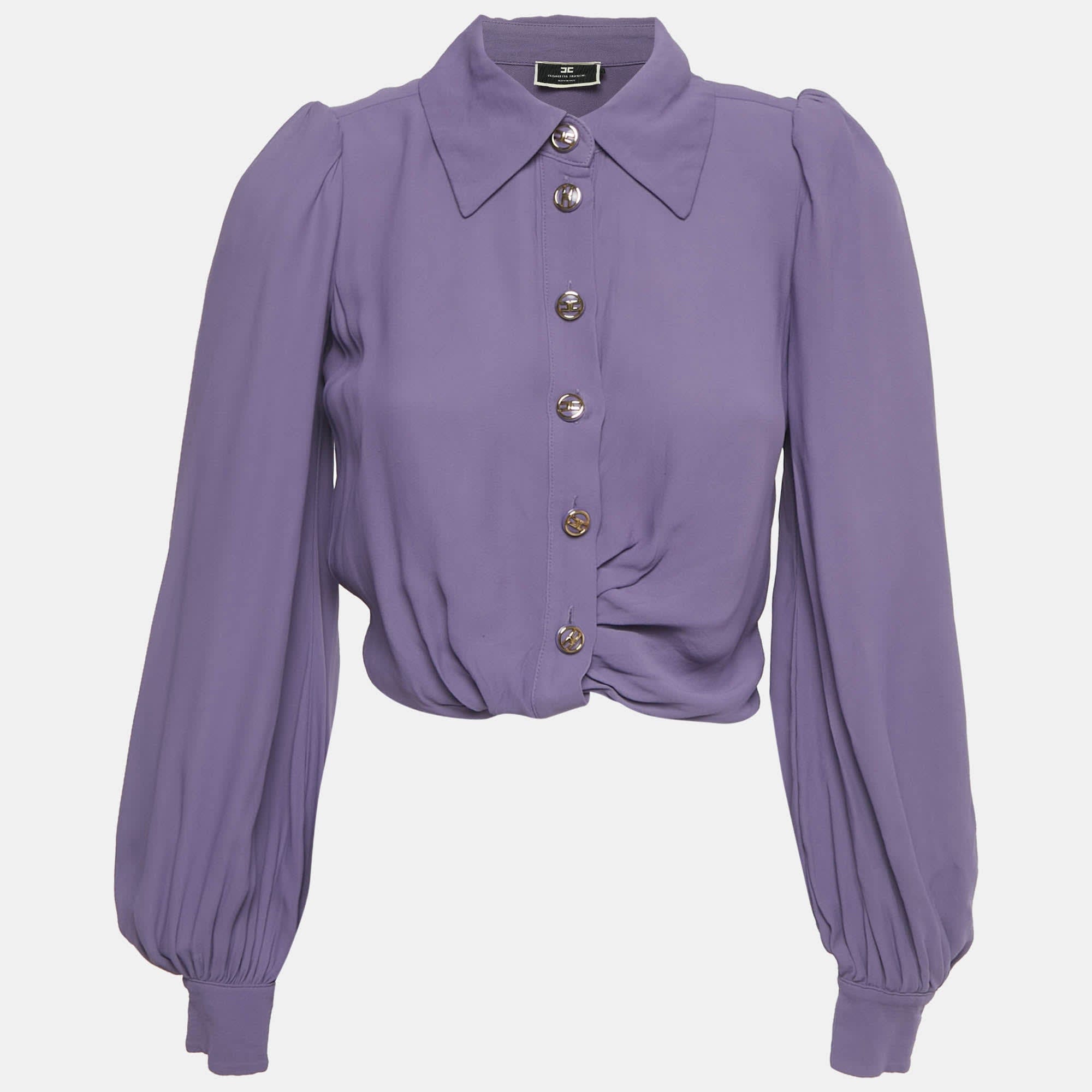 Elisabetta Franchi Purple Crepe Knot Detail Cropped Blouse