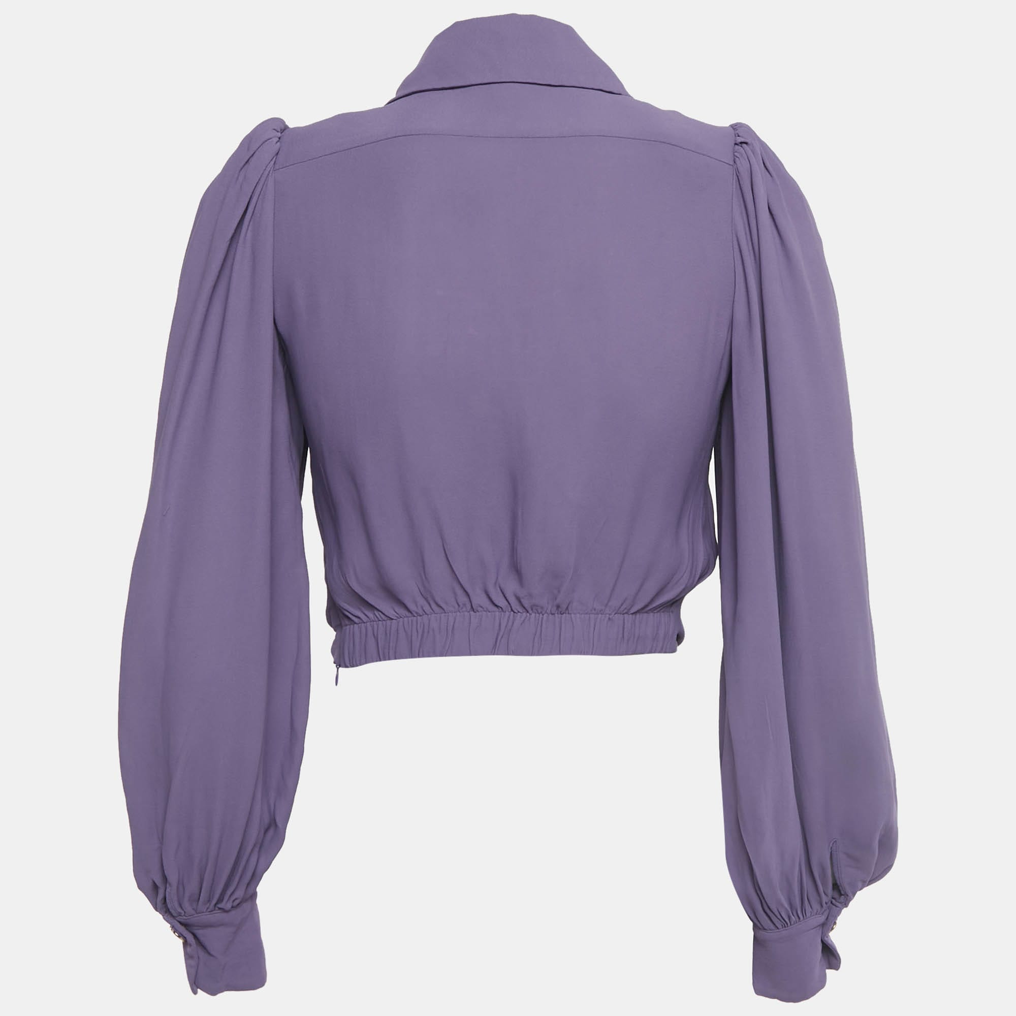 Elisabetta Franchi Purple Crepe Knot Detail Cropped Blouse