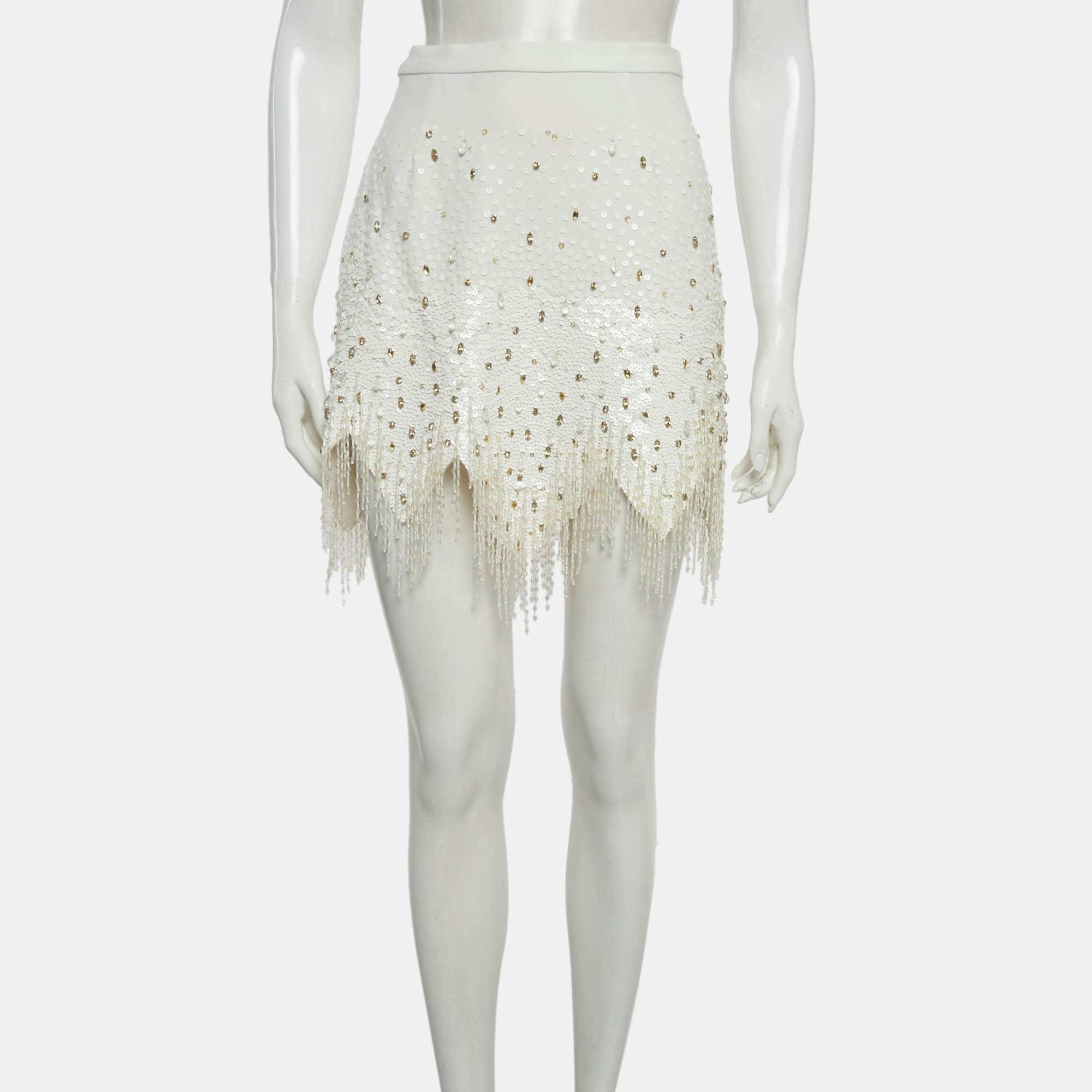 Elisabetta Franchi White Crepe Embellished Mini Skirt