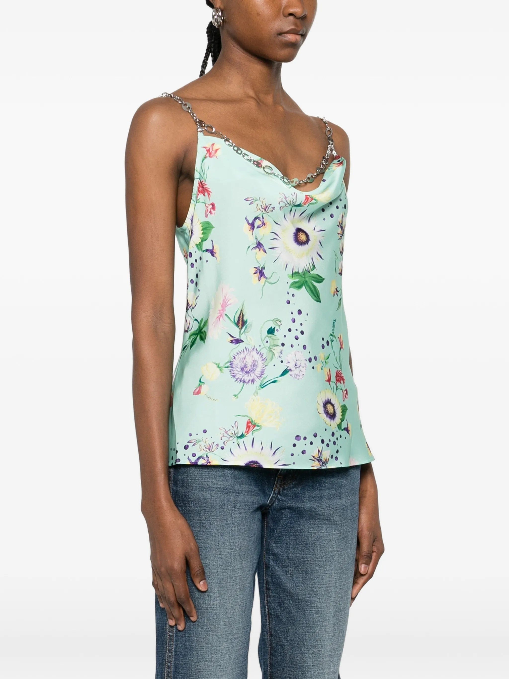 Rabanne chain - detail cowl - neck floral - print top