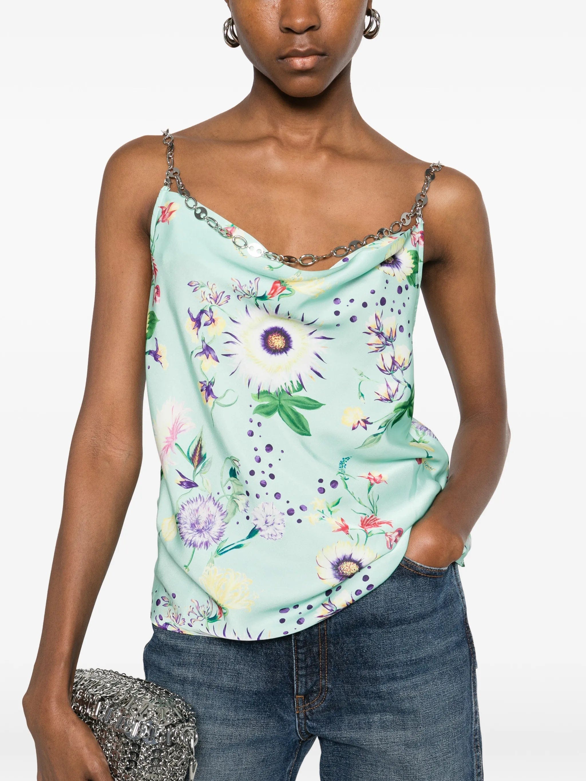 Rabanne chain - detail cowl - neck floral - print top