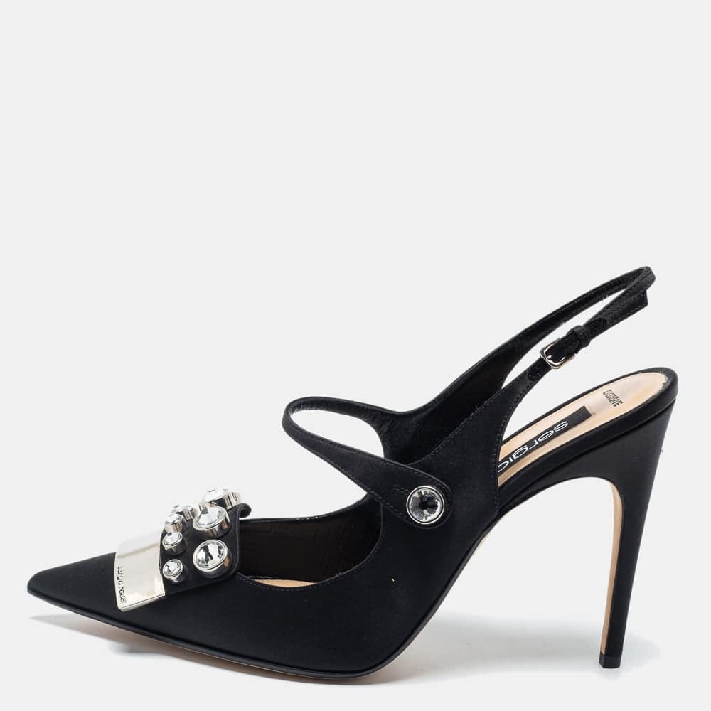 Sergio Rossi Black Satin Embellished Slingback Sandals