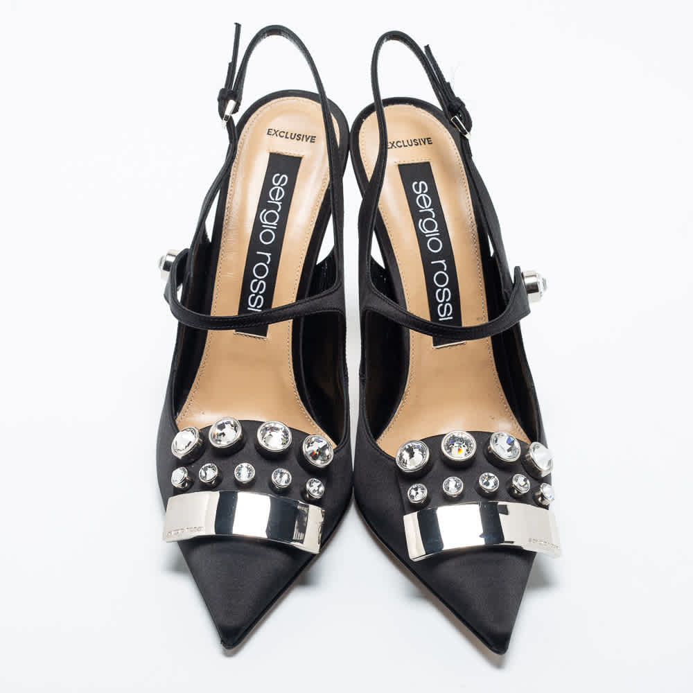 Sergio Rossi Black Satin Embellished Slingback Sandals