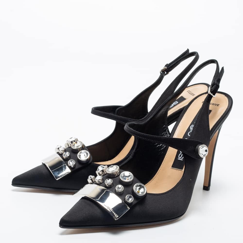 Sergio Rossi Black Satin Embellished Slingback Sandals