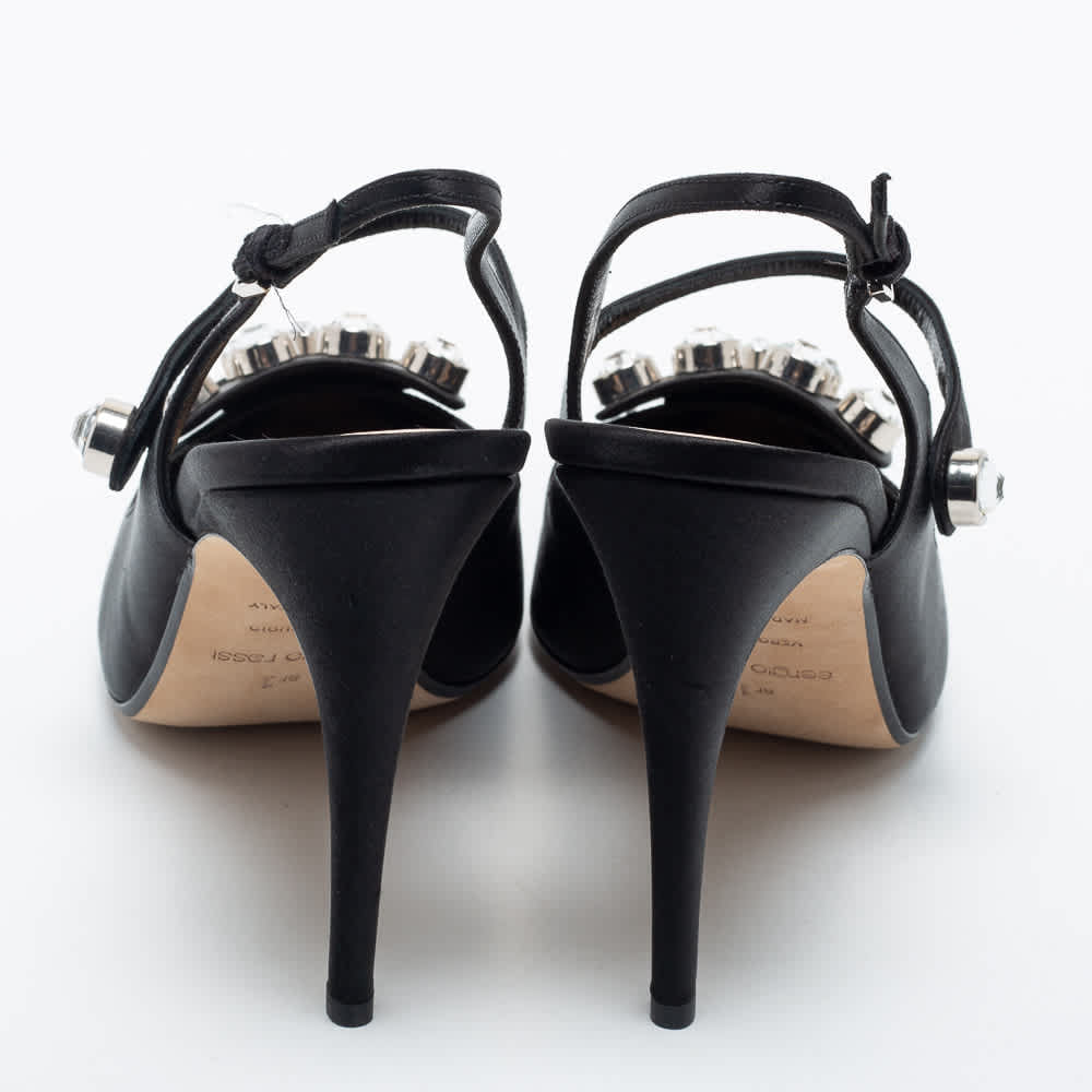 Sergio Rossi Black Satin Embellished Slingback Sandals