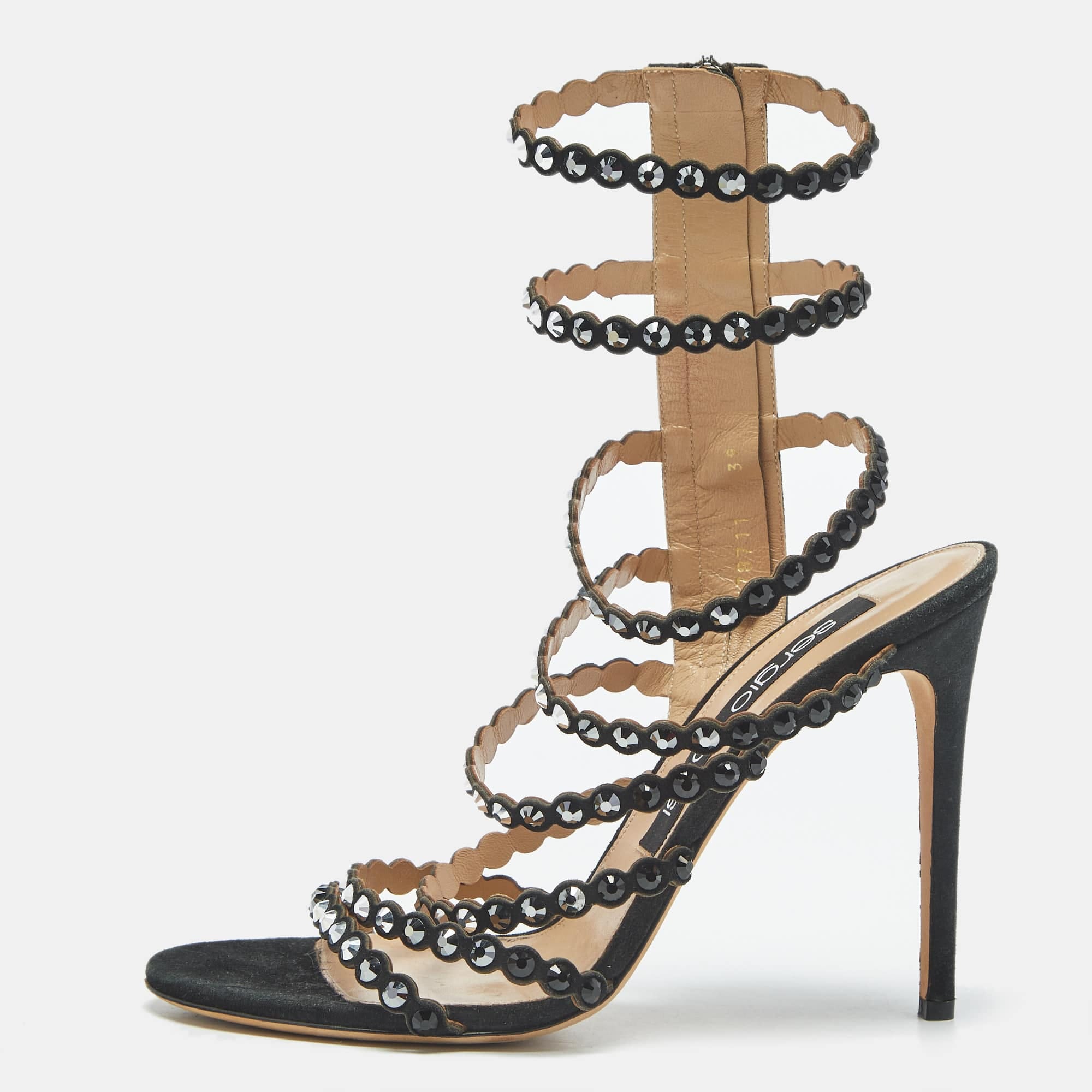 Sergio Rossi Black Suede Crystal Embellished Ankle Strap Sandals