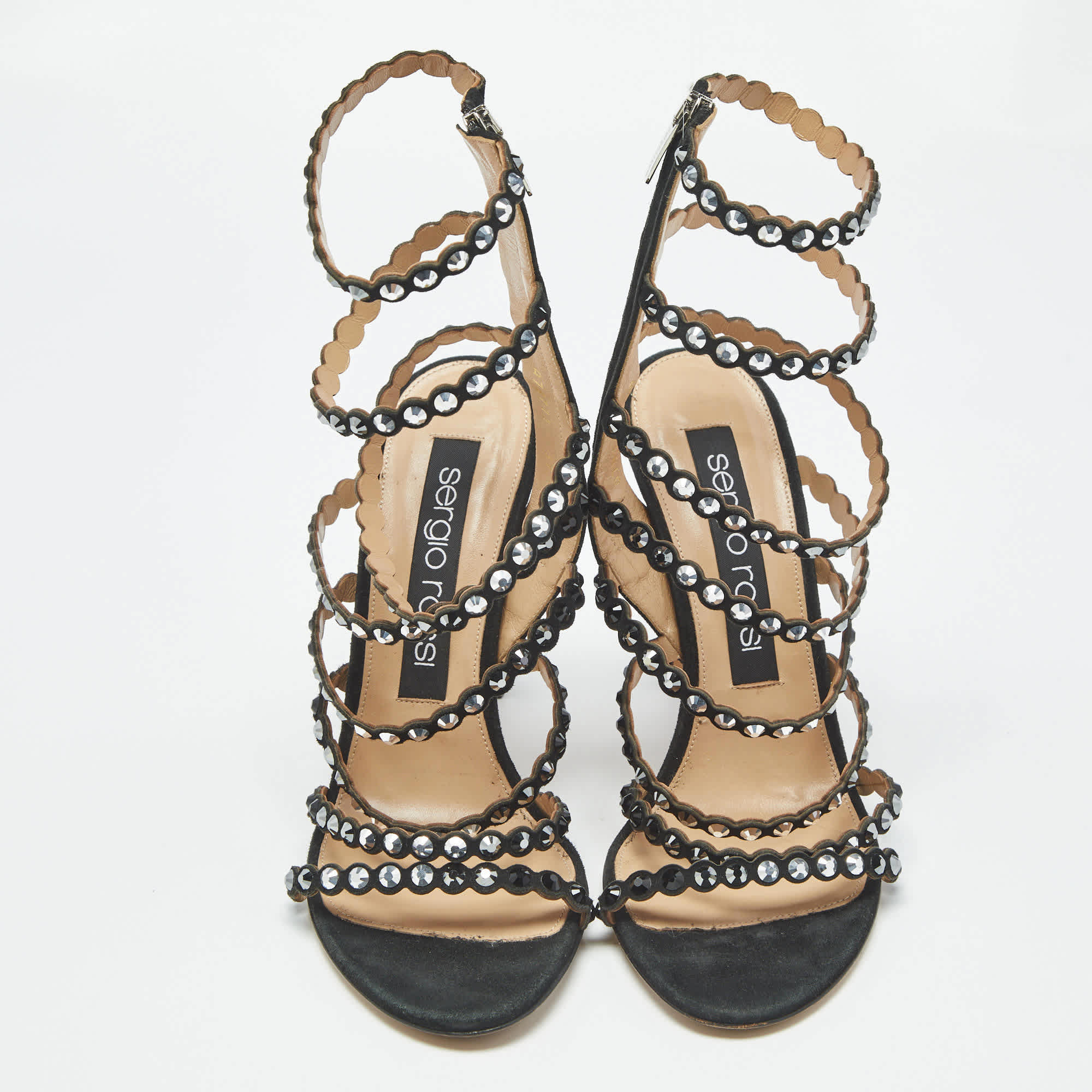 Sergio Rossi Black Suede Crystal Embellished Ankle Strap Sandals