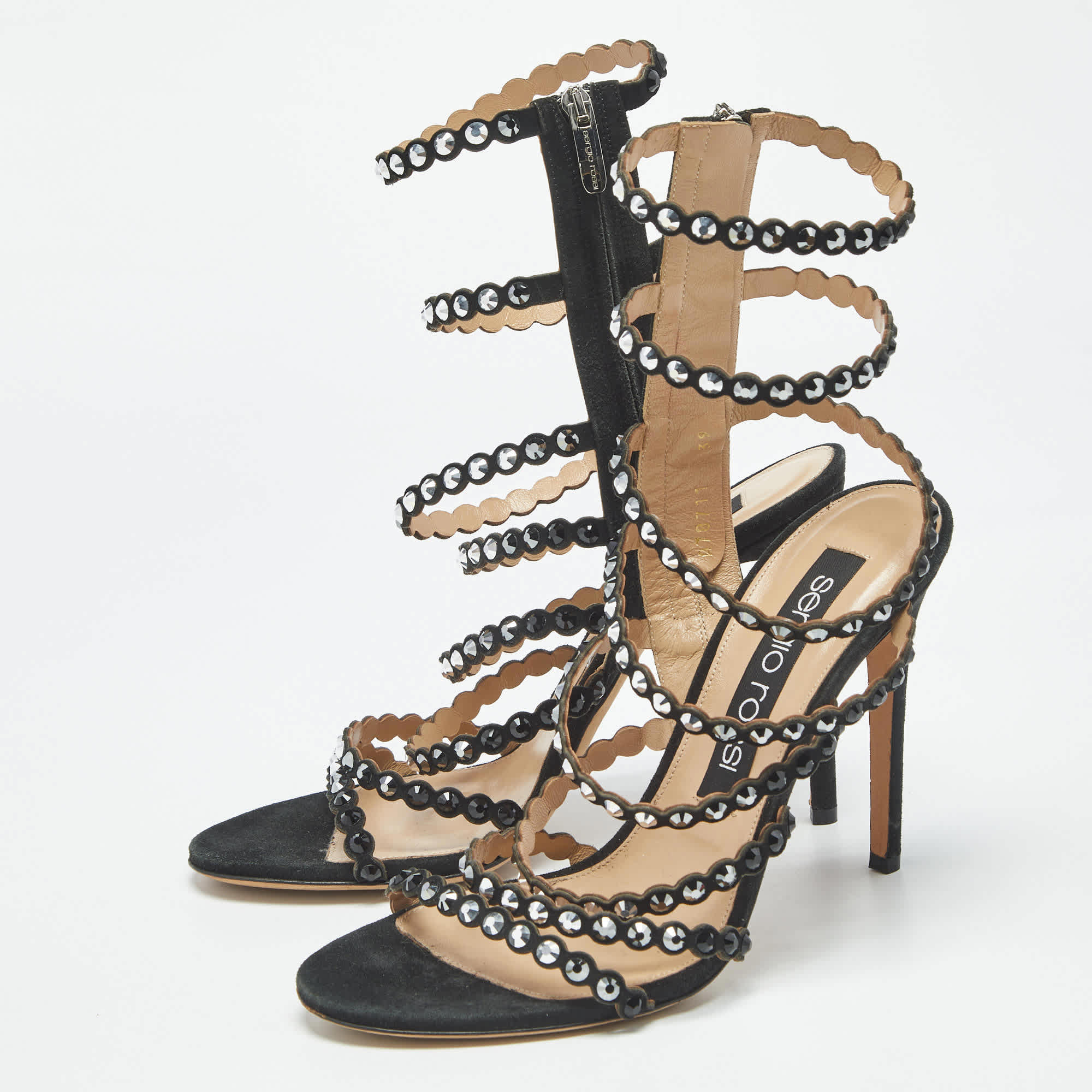 Sergio Rossi Black Suede Crystal Embellished Ankle Strap Sandals