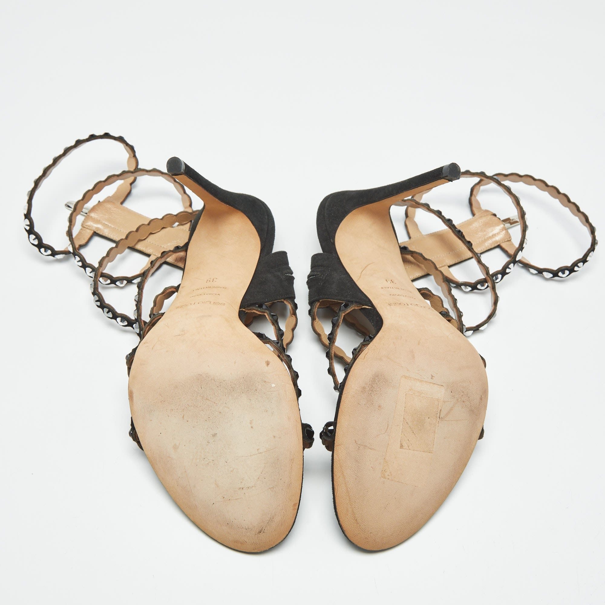 Sergio Rossi Black Suede Crystal Embellished Ankle Strap Sandals