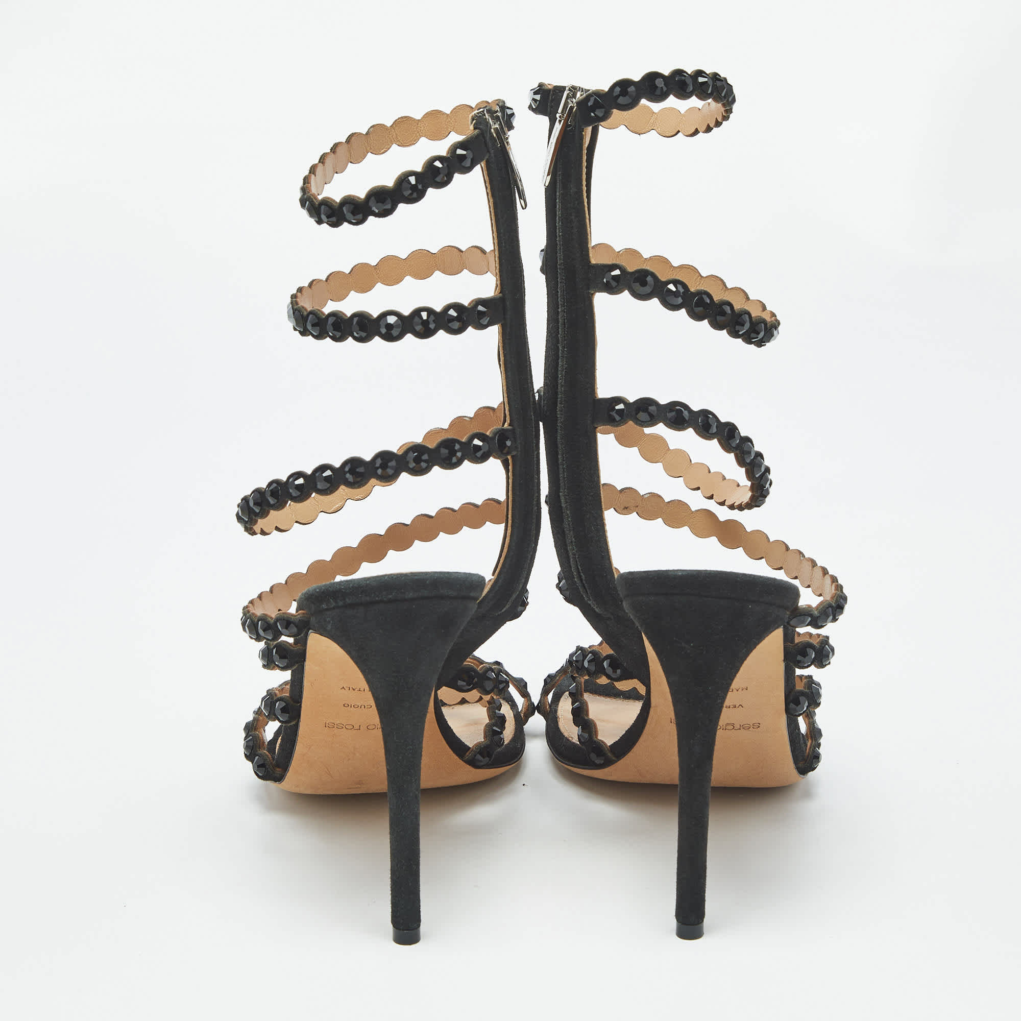 Sergio Rossi Black Suede Crystal Embellished Ankle Strap Sandals