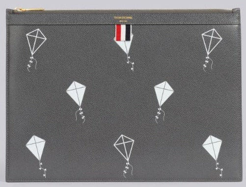 Thom Browne Dark Grey Pebble Grain Leather 3D Kite Half Drop Print Medium Zippered Document Holder