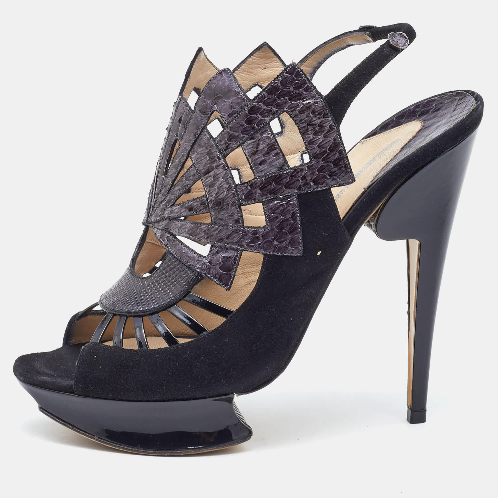 Nicholas Kirkwood Black Watersnake Leather And Suede Slingback Sandals