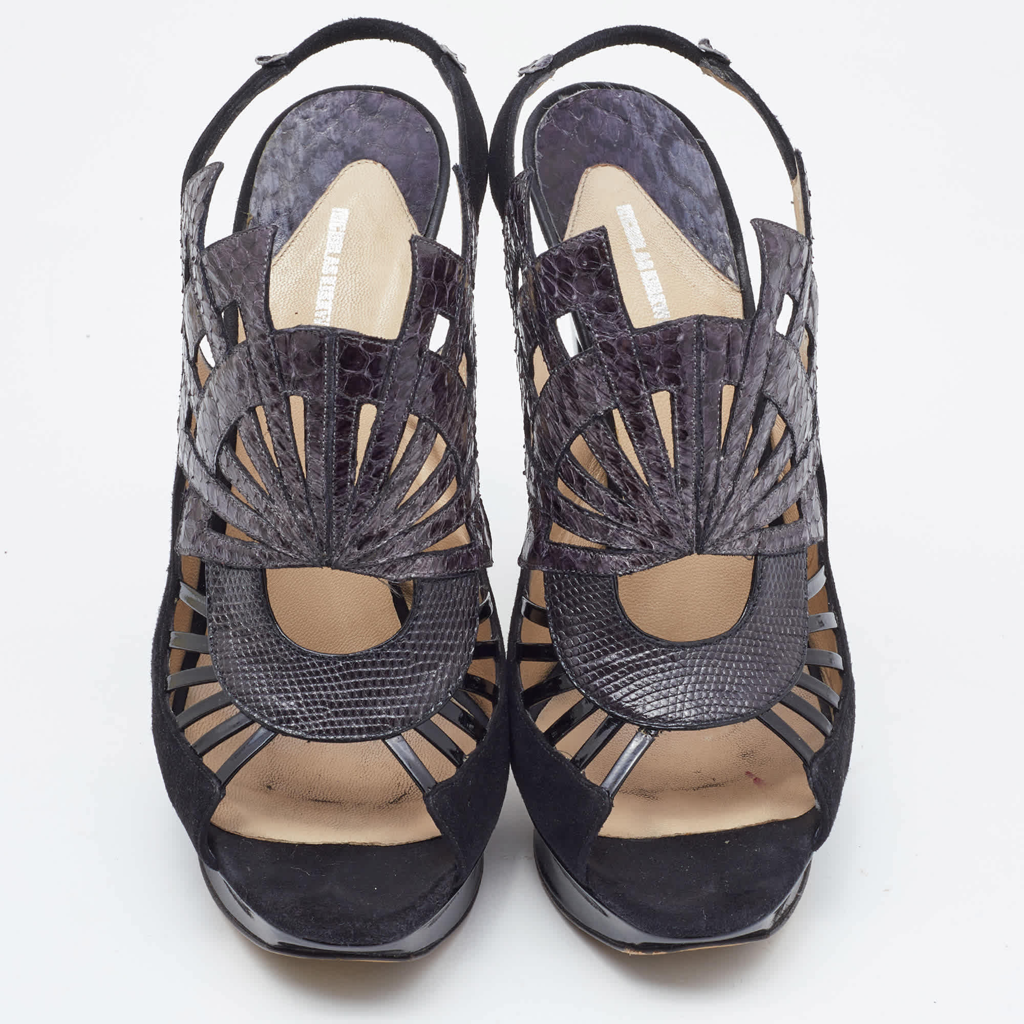 Nicholas Kirkwood Black Watersnake Leather And Suede Slingback Sandals