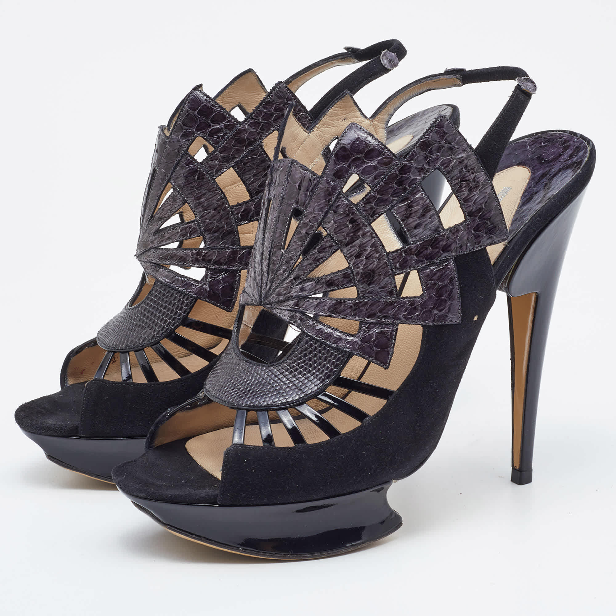 Nicholas Kirkwood Black Watersnake Leather And Suede Slingback Sandals