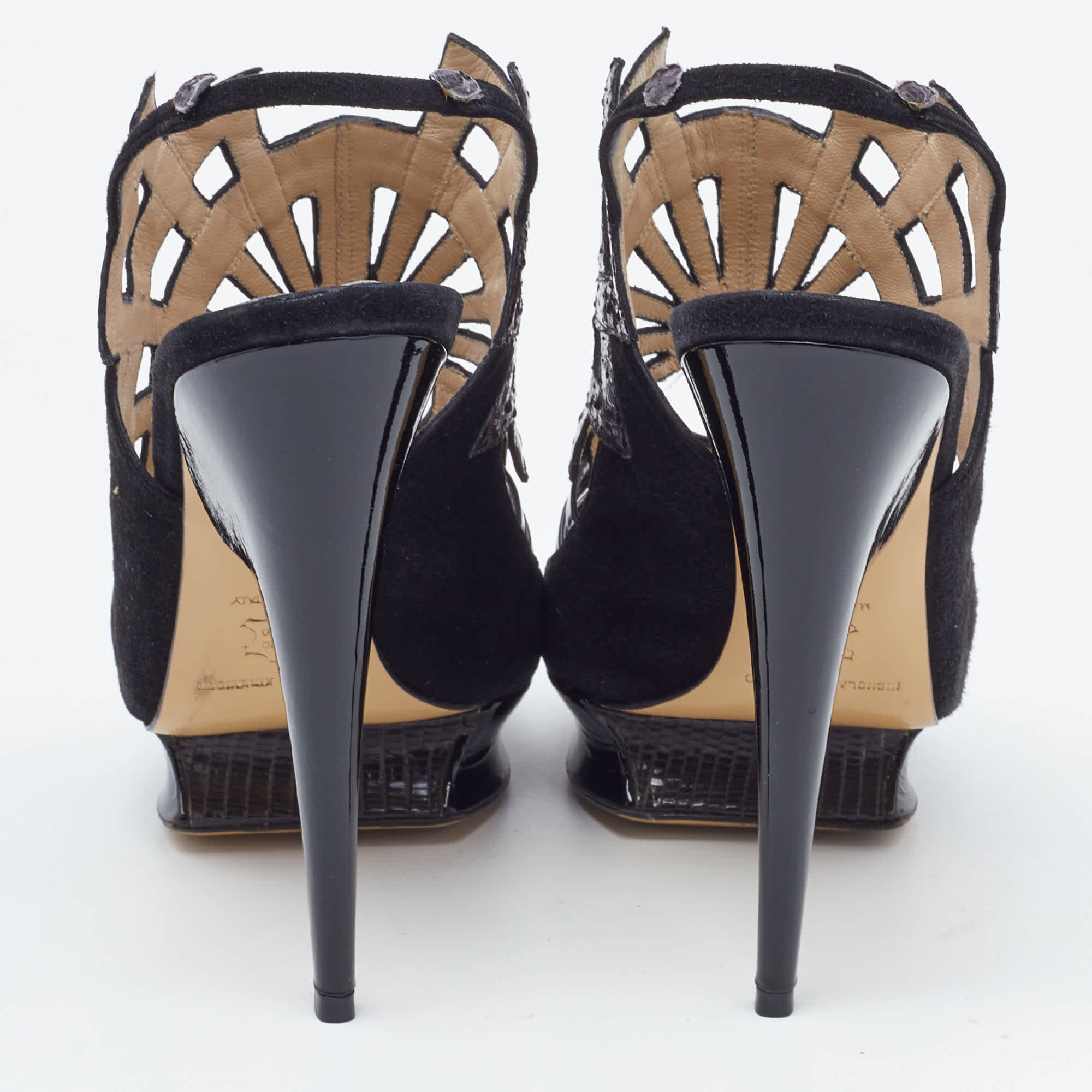 Nicholas Kirkwood Black Watersnake Leather And Suede Slingback Sandals