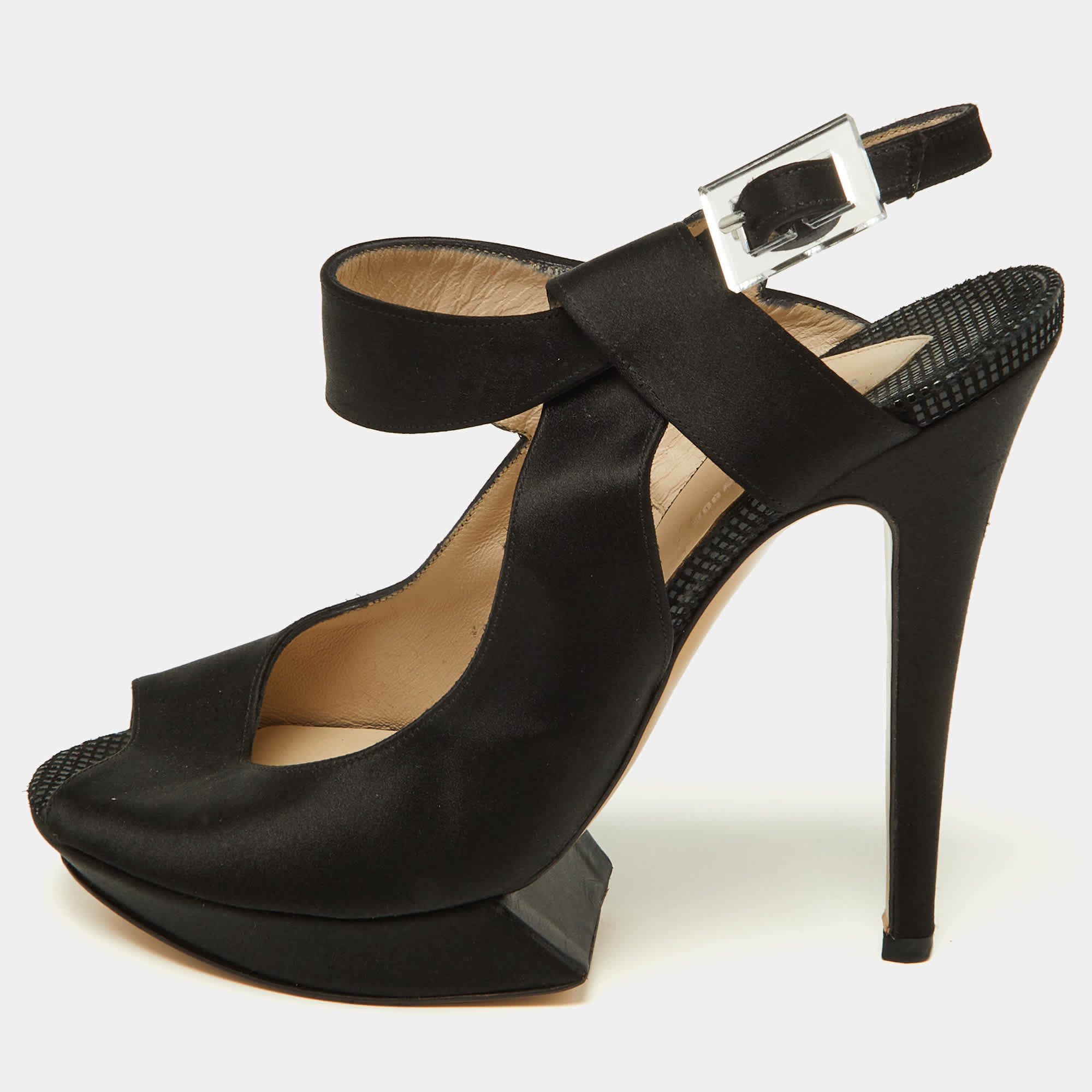 Nicholas Kirkwood Black Satin Platform Peep Toe Ankle Strap Sandals