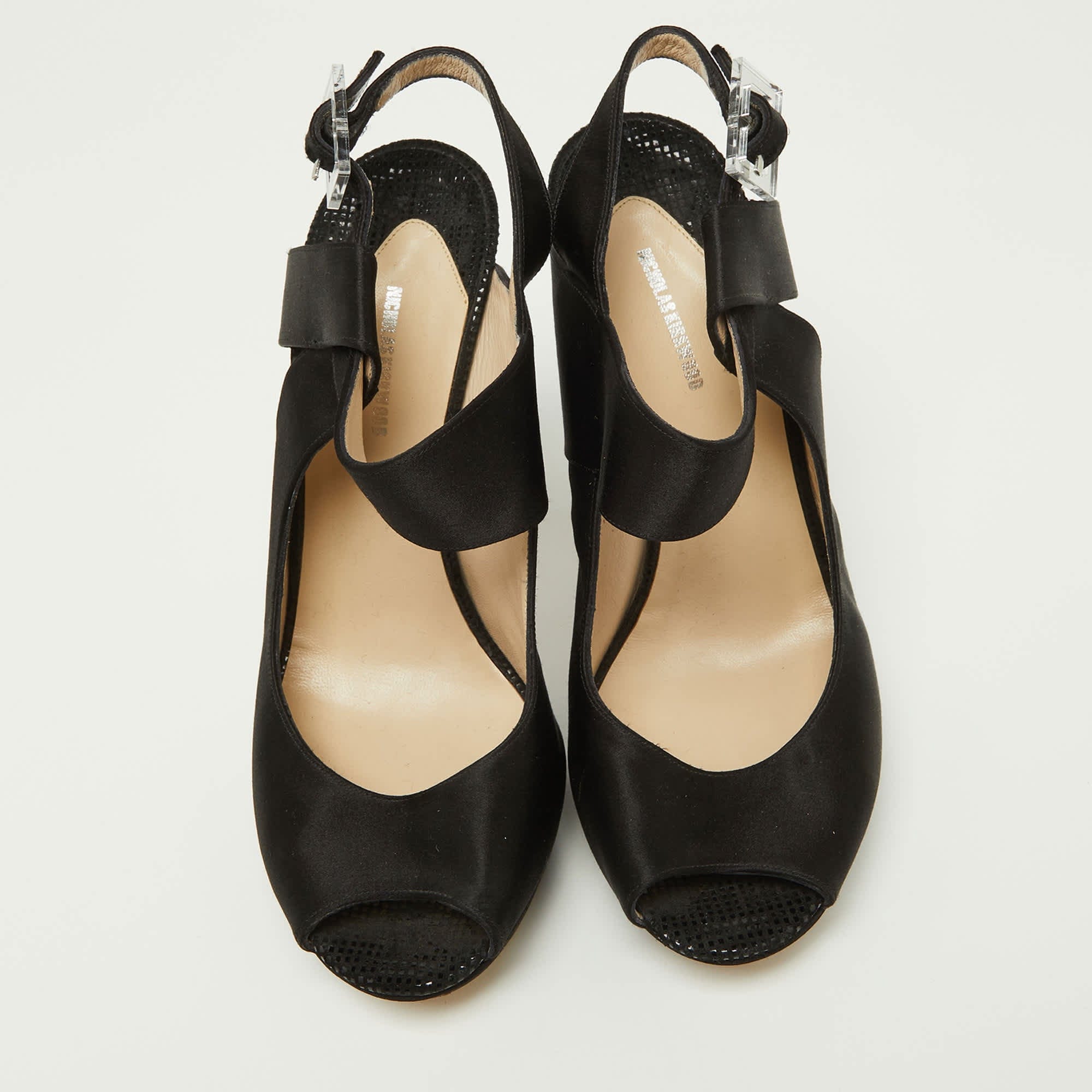 Nicholas Kirkwood Black Satin Platform Peep Toe Ankle Strap Sandals