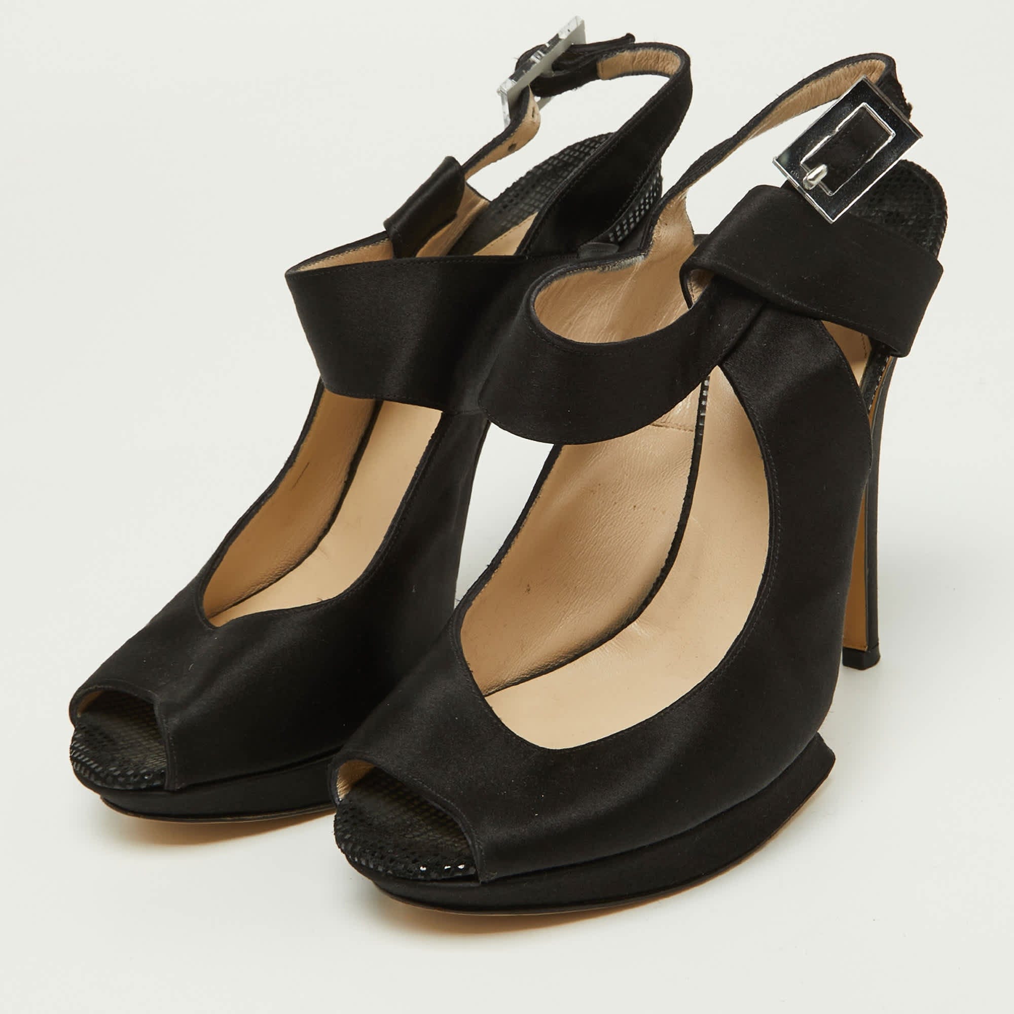 Nicholas Kirkwood Black Satin Platform Peep Toe Ankle Strap Sandals