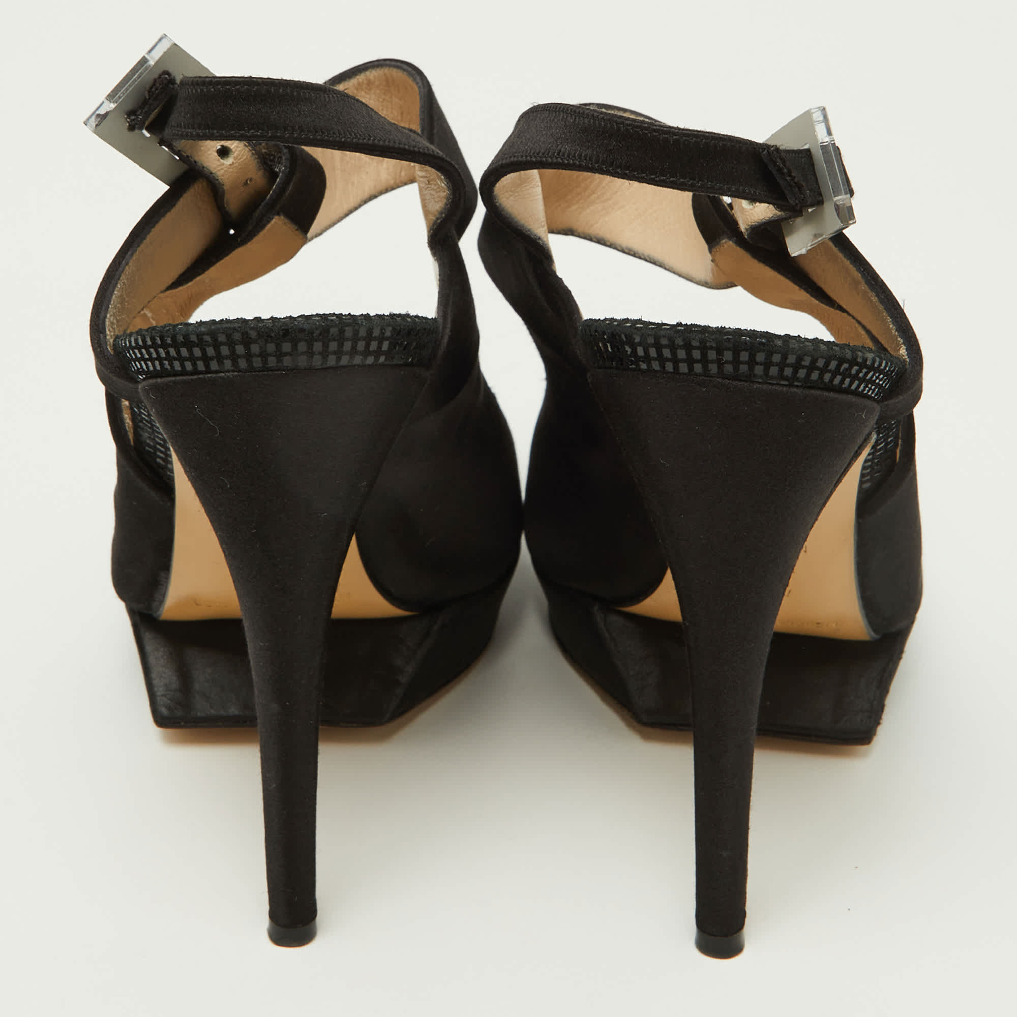 Nicholas Kirkwood Black Satin Platform Peep Toe Ankle Strap Sandals