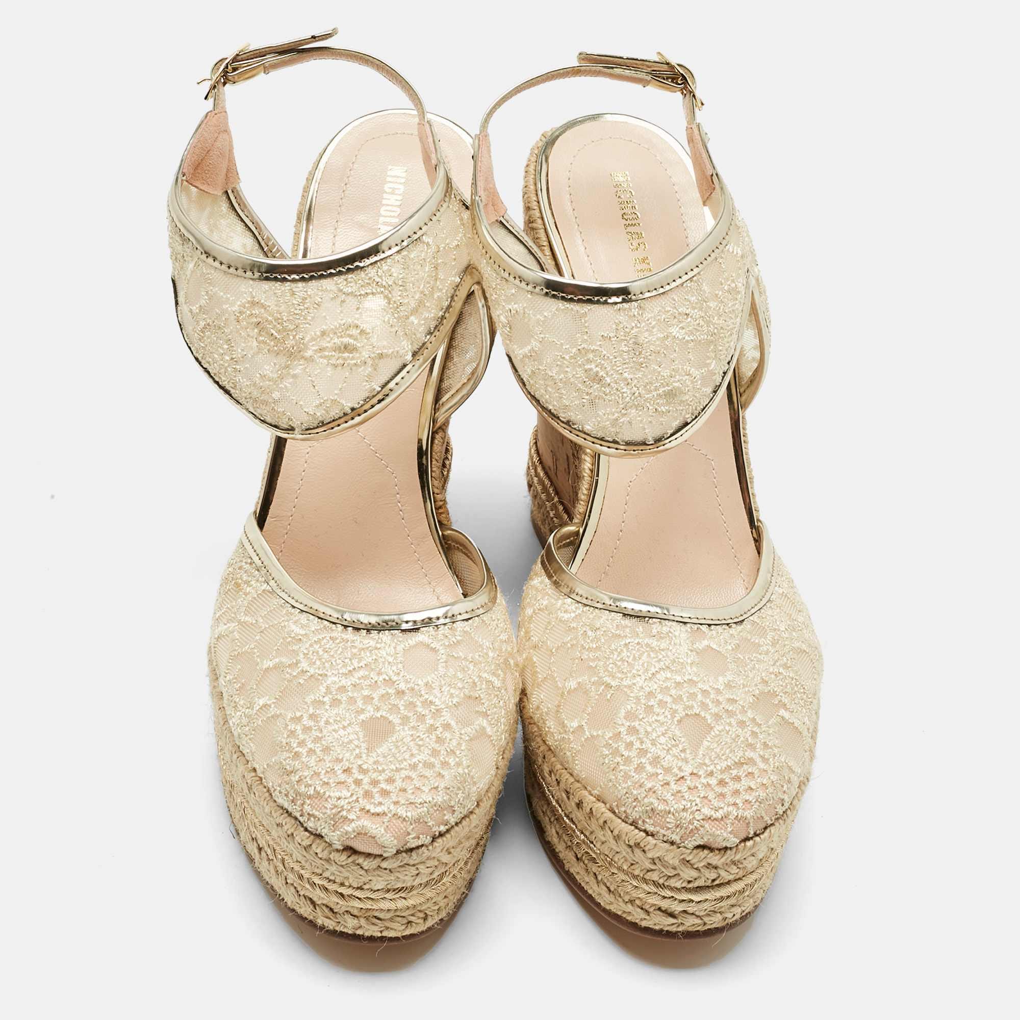 Nicholas Kirkwood Gold Lace And Leather Platform Wedge Ankle Strap Espadrilles