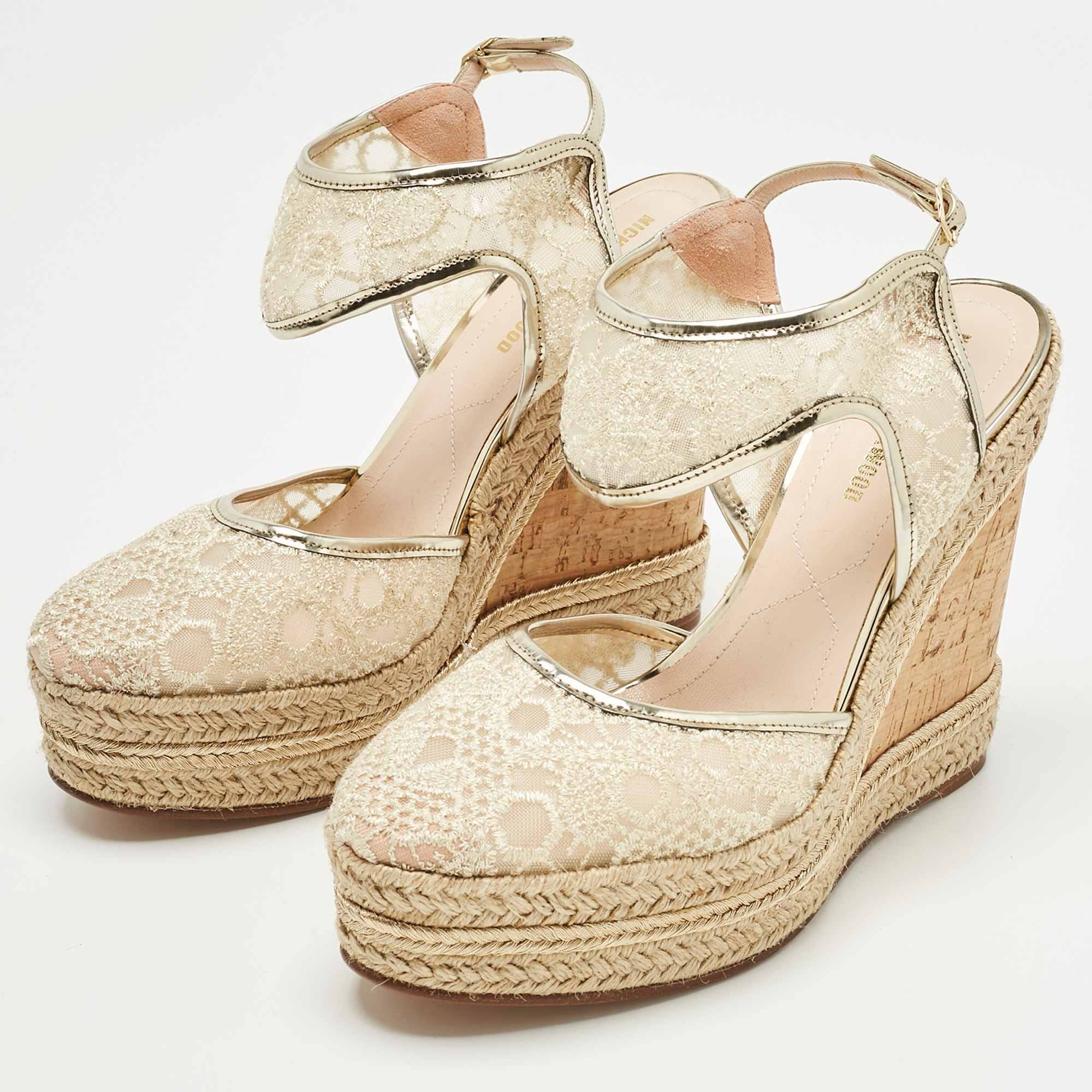 Nicholas Kirkwood Gold Lace And Leather Platform Wedge Ankle Strap Espadrilles