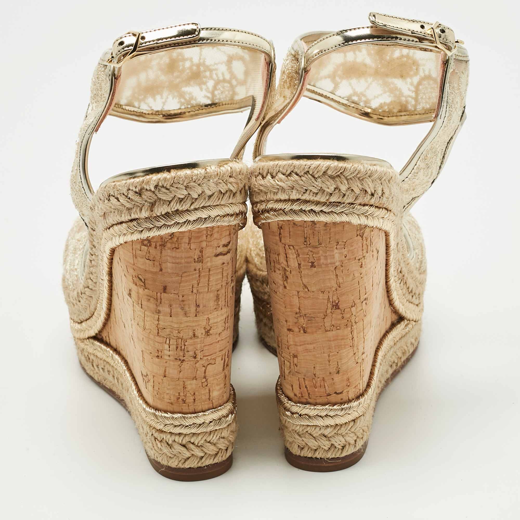 Nicholas Kirkwood Gold Lace And Leather Platform Wedge Ankle Strap Espadrilles