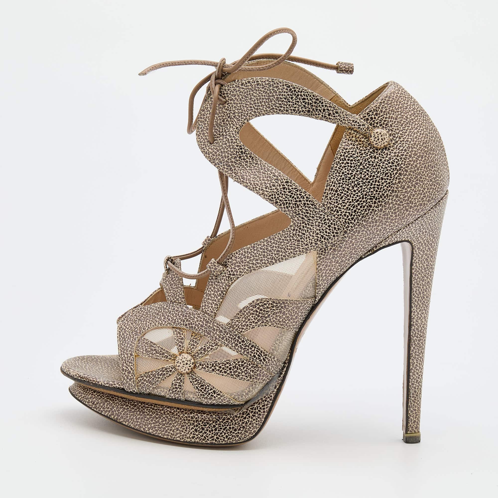 Nicholas Kirkwood Brown/beige Leather And Mesh Lace Up Platform Sandals