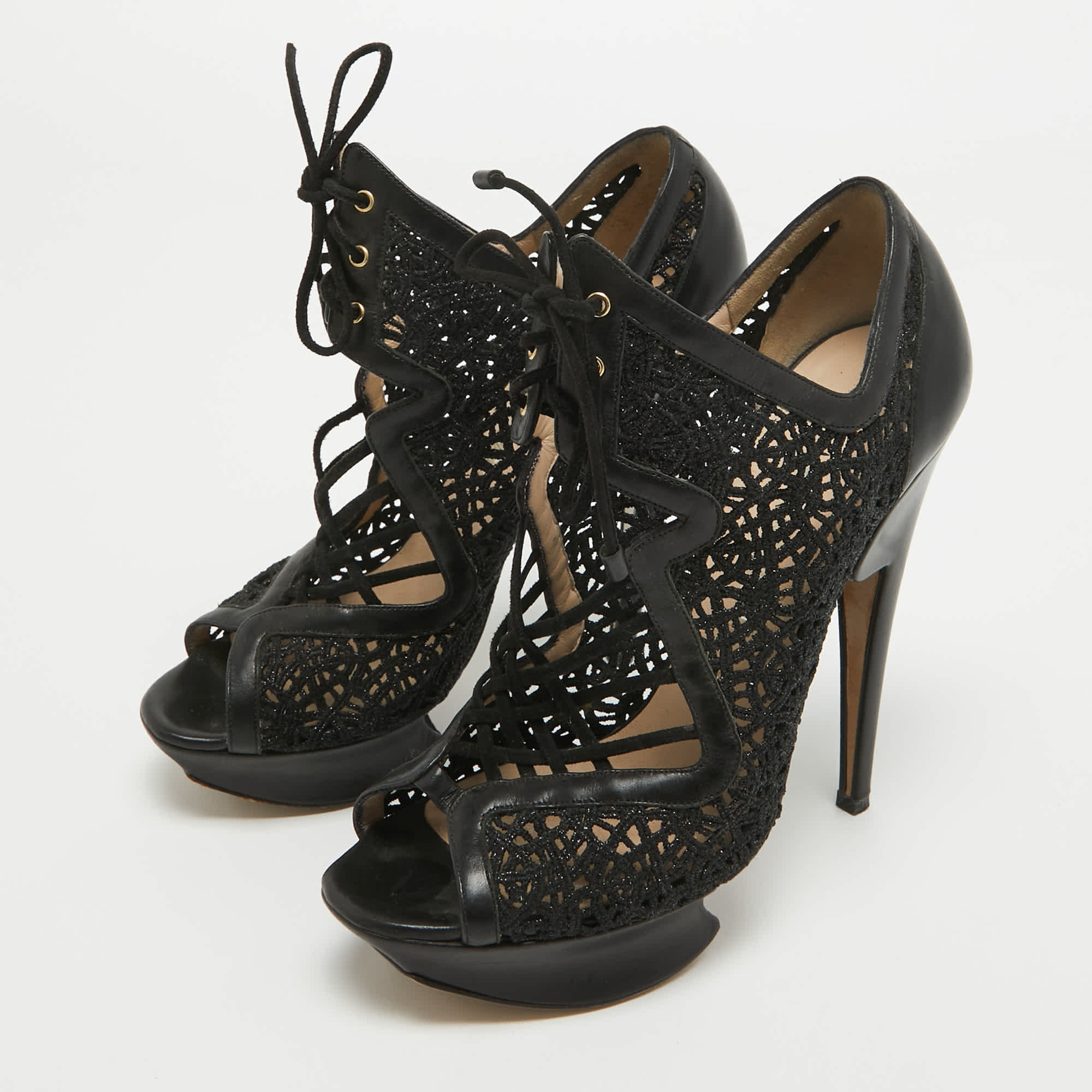 Nicholas Kirkwood Black Mesh And Leather Cutout Lace Up Booties