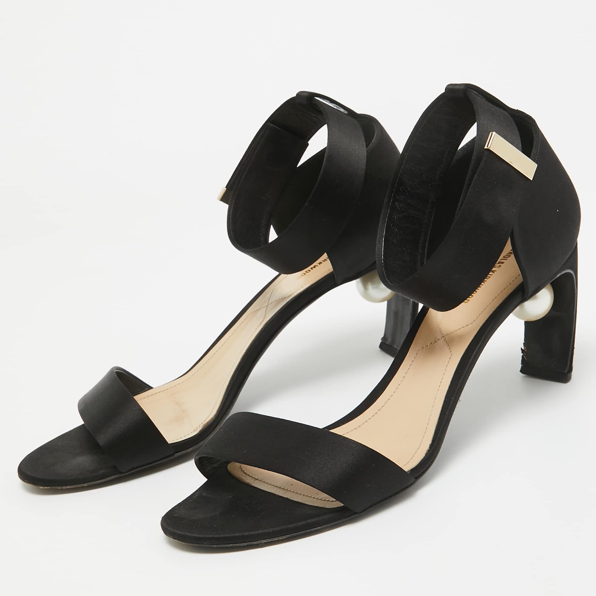 Nicholas Kirkwood Black Satin Pearl Detail Ankle Strap Sandals