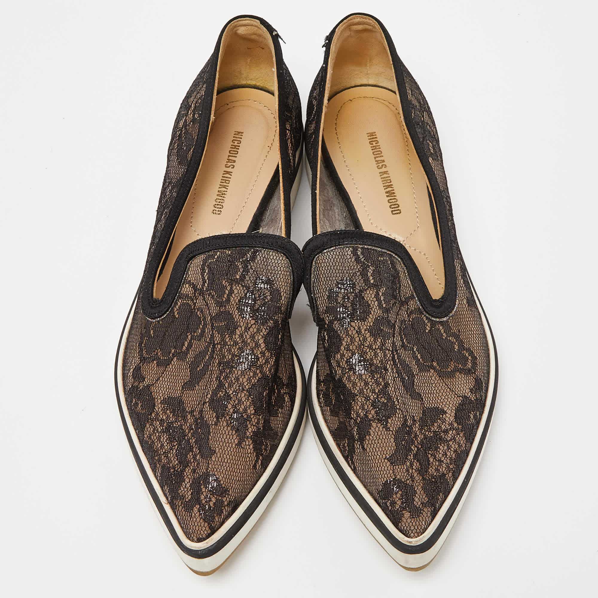 Nicholas Kirkwood Black Lace And Mesh Alona Pointed Toe Smoking Slipper