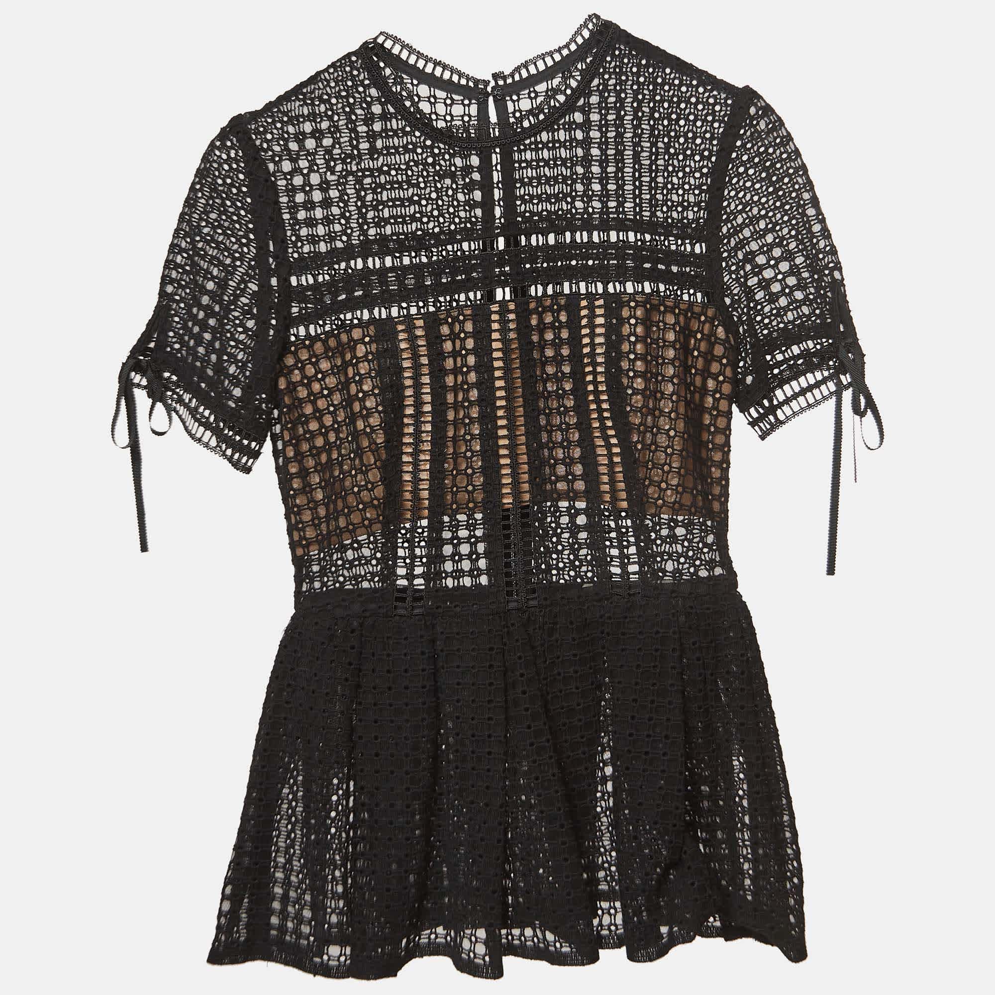 Self - Portrait Black Cotton Blend Peplum Blouse