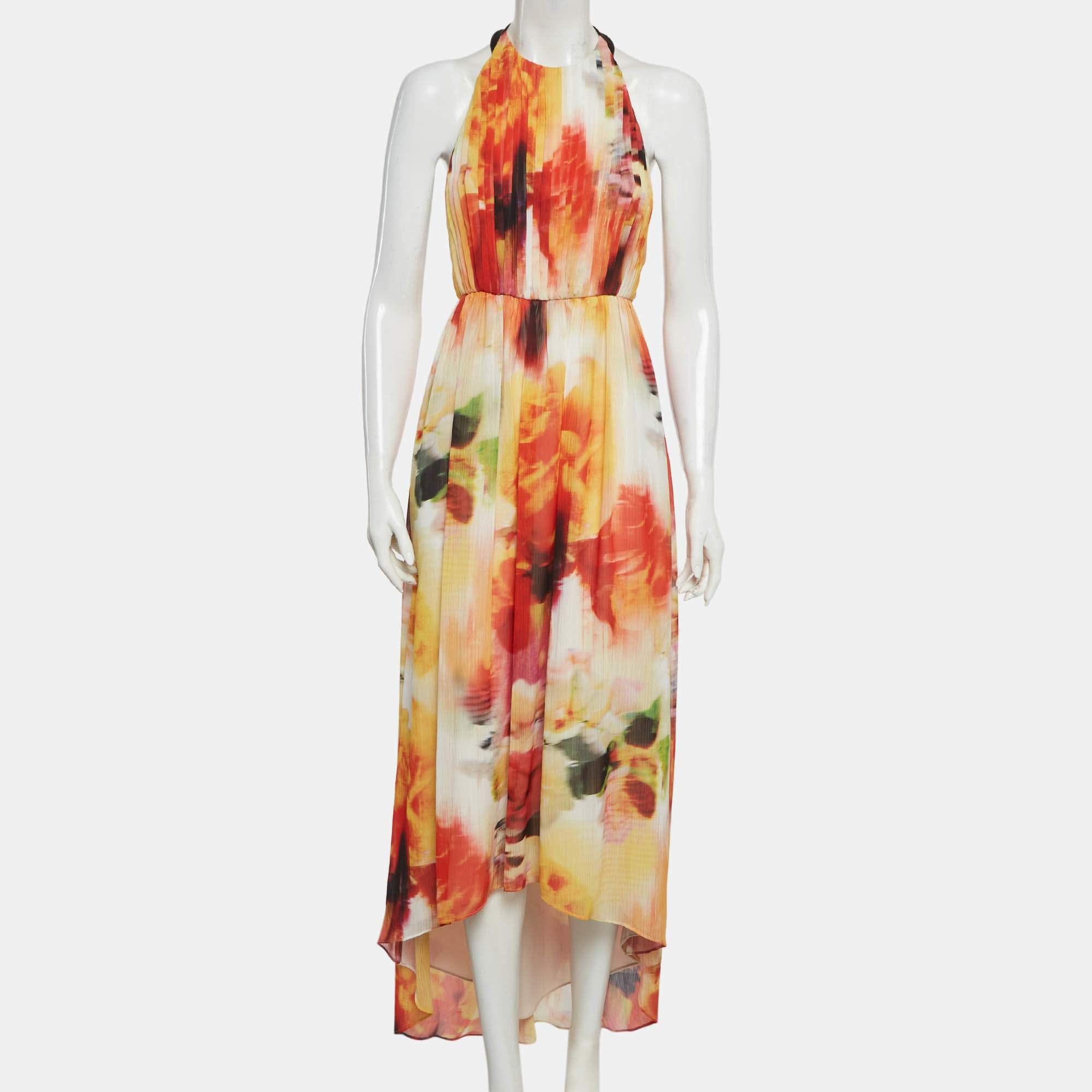 Alice + Olivia Multicolour Chiffon Leather Trim Maxi Dress