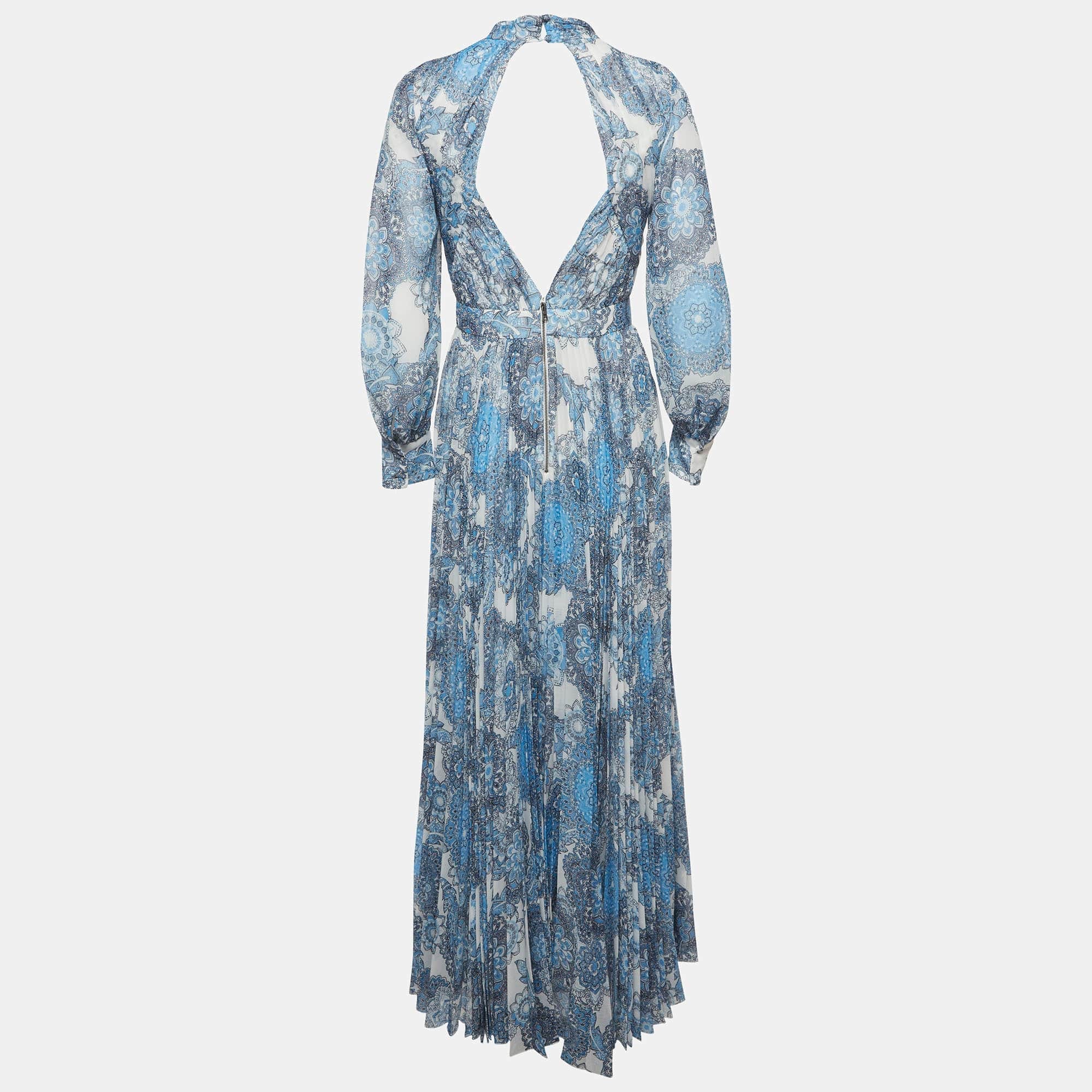 Alice + Olivia Blue Floral Print Georgette Cheney Cut Out Maxi Dress