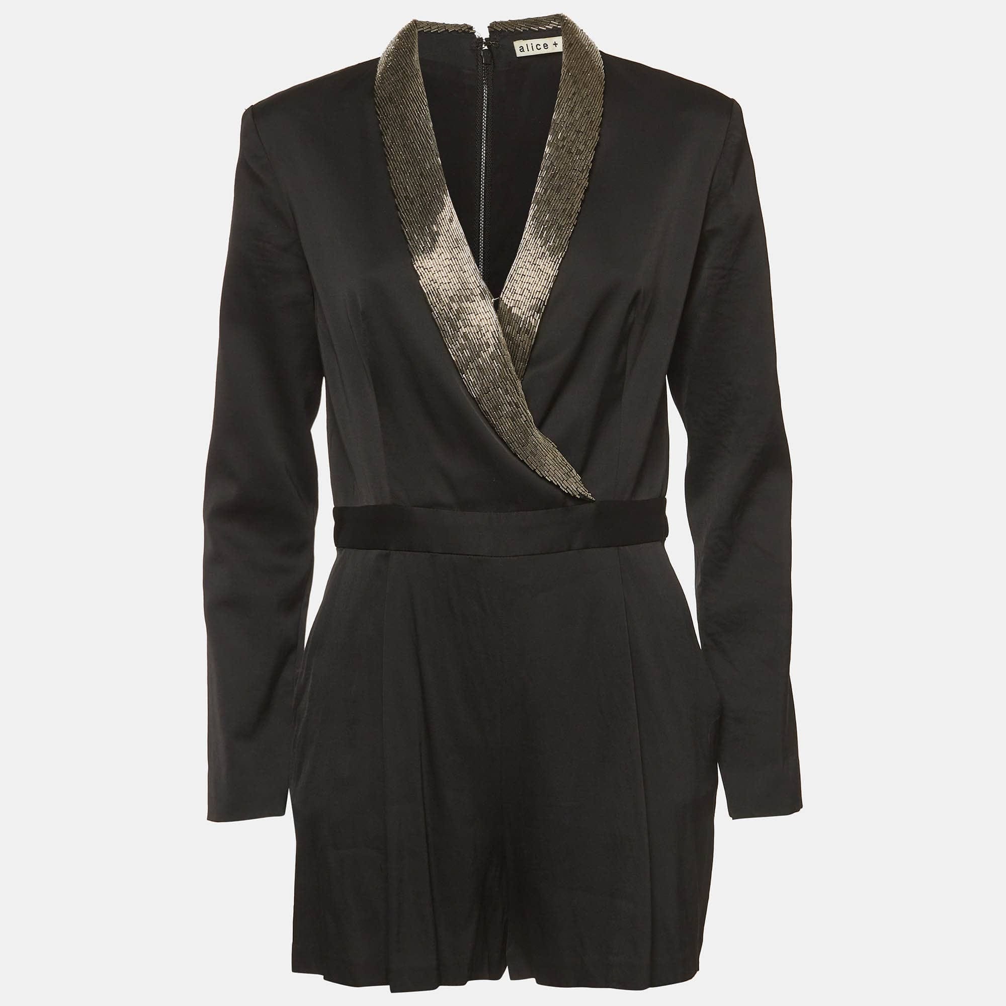 Alice + Olivia Black Stretch Satin Beaded Collar Kyrie Tuxedo Romper