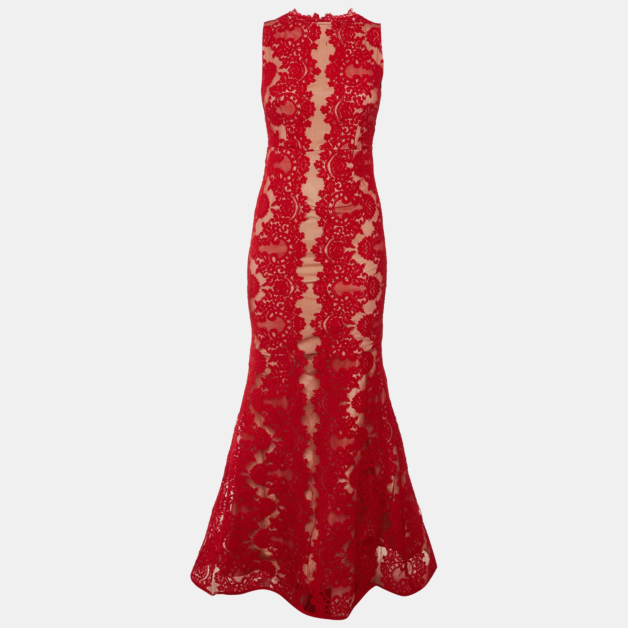 Alice + Olivia Red Floral Lace Sleeveless Gown