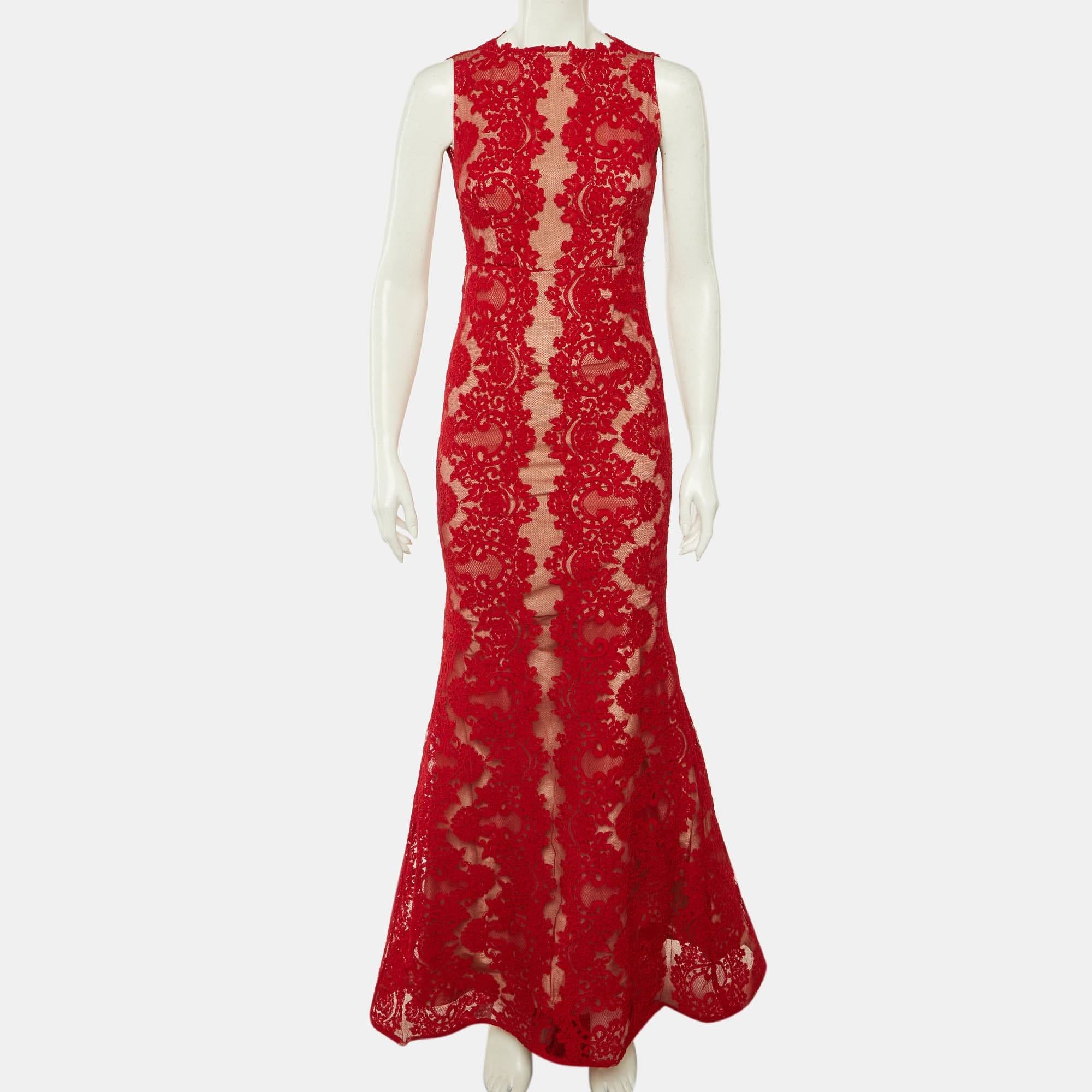 Alice + Olivia Red Floral Lace Sleeveless Gown