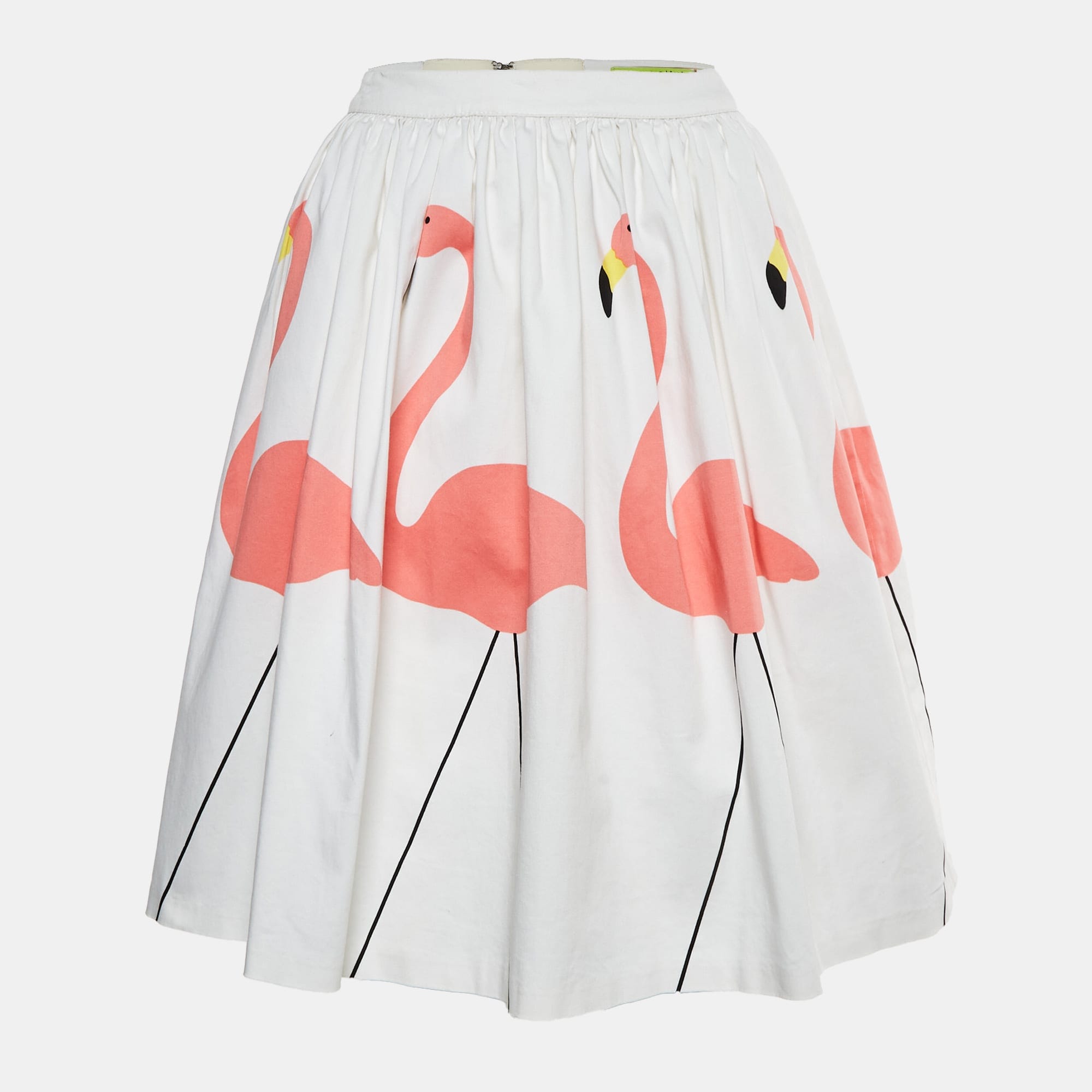 Alice + Olivia White Flamingo Print Stretch Cotton Flared Hale Mini Skirt