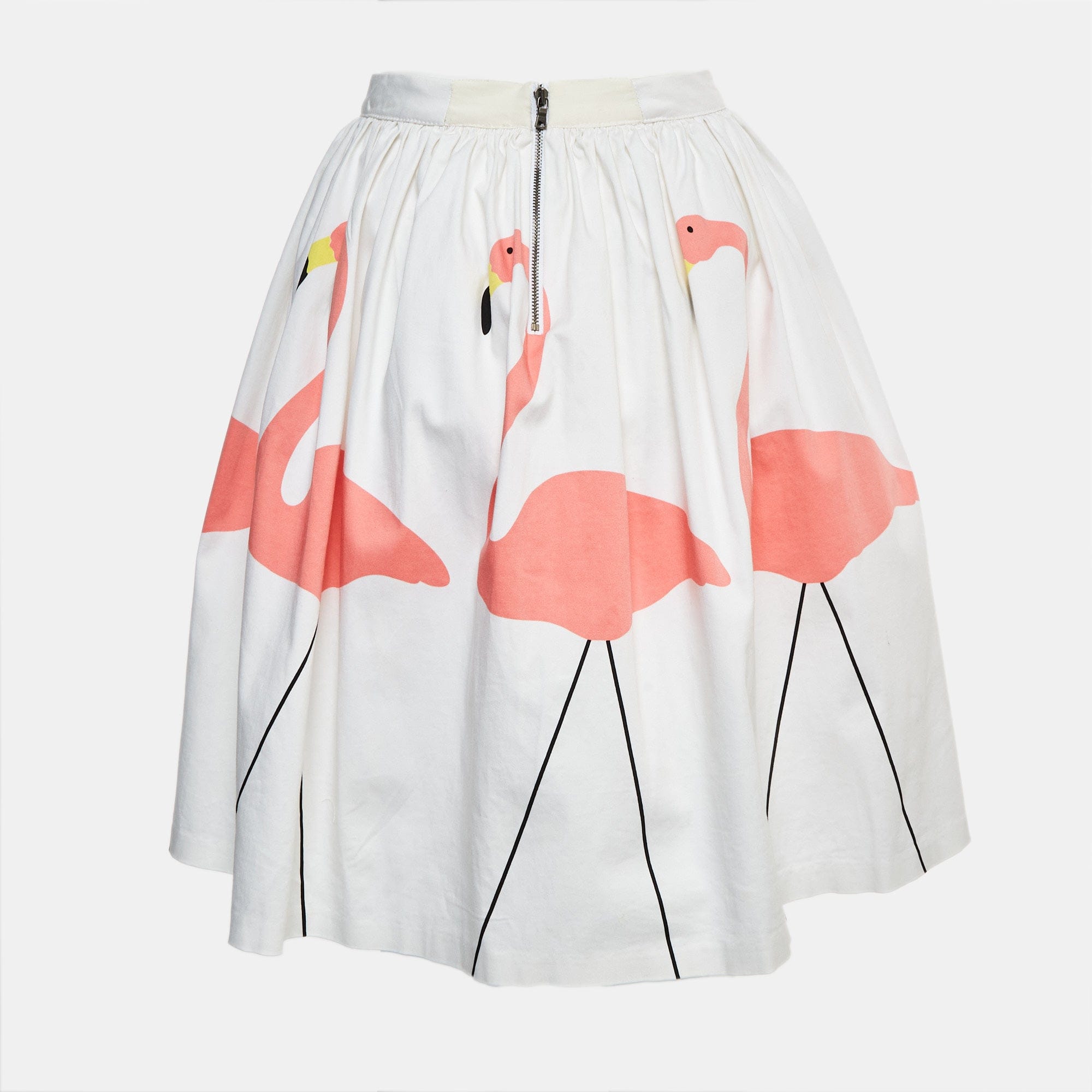 Alice + Olivia White Flamingo Print Stretch Cotton Flared Hale Mini Skirt