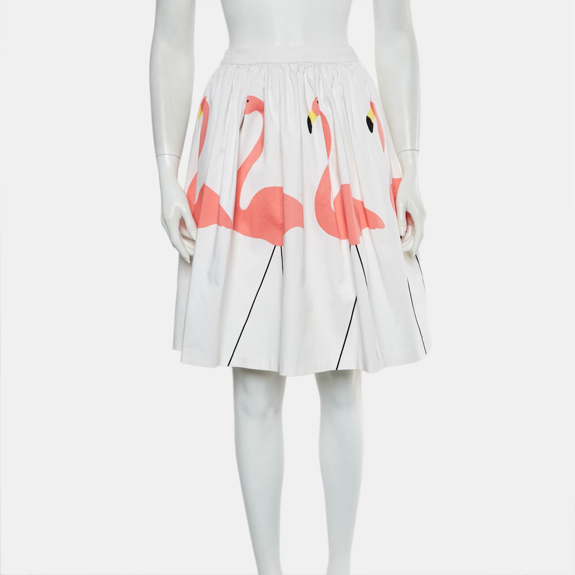 Alice + Olivia White Flamingo Print Stretch Cotton Flared Hale Mini Skirt