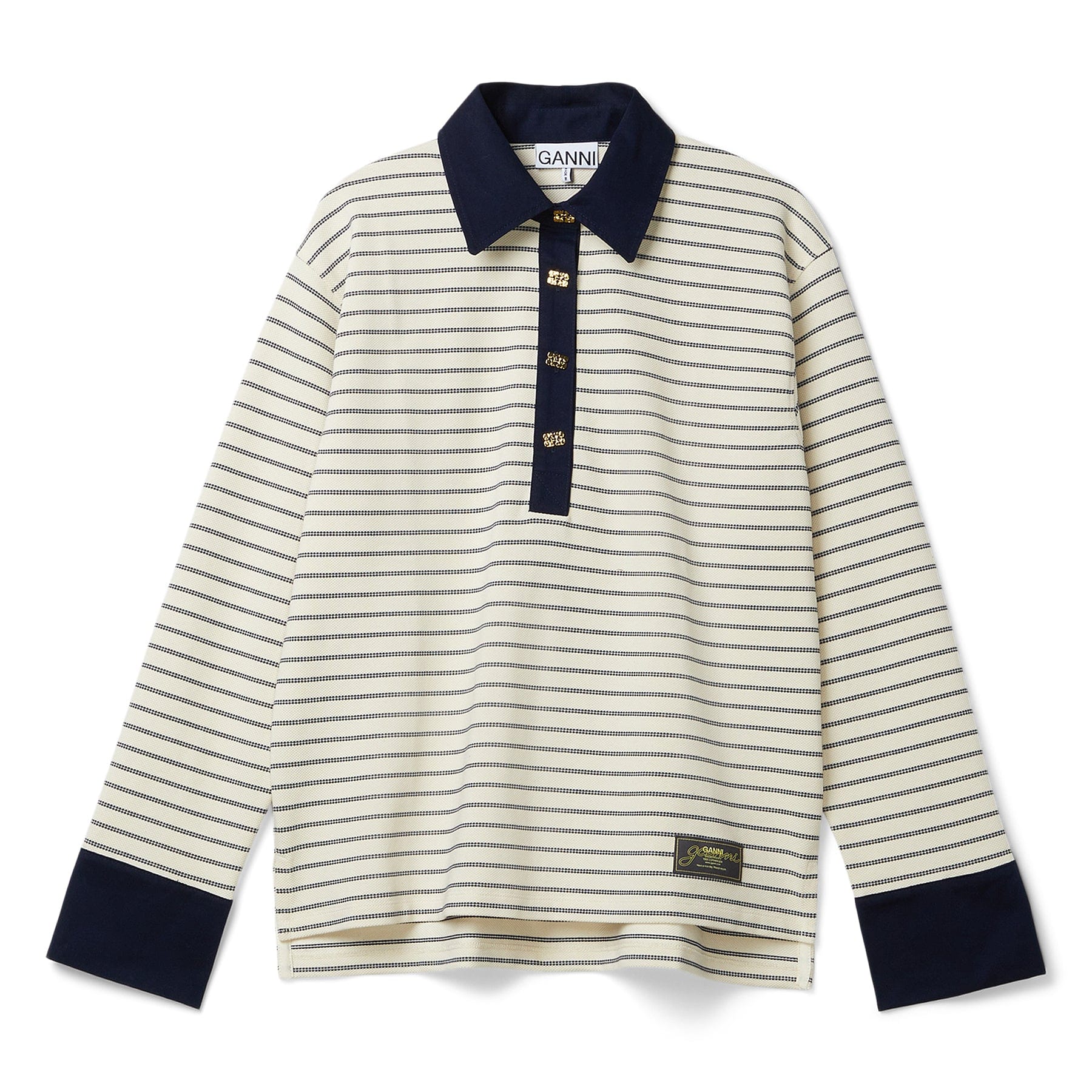 GANNI Striped Cotton Polo (Egret)
